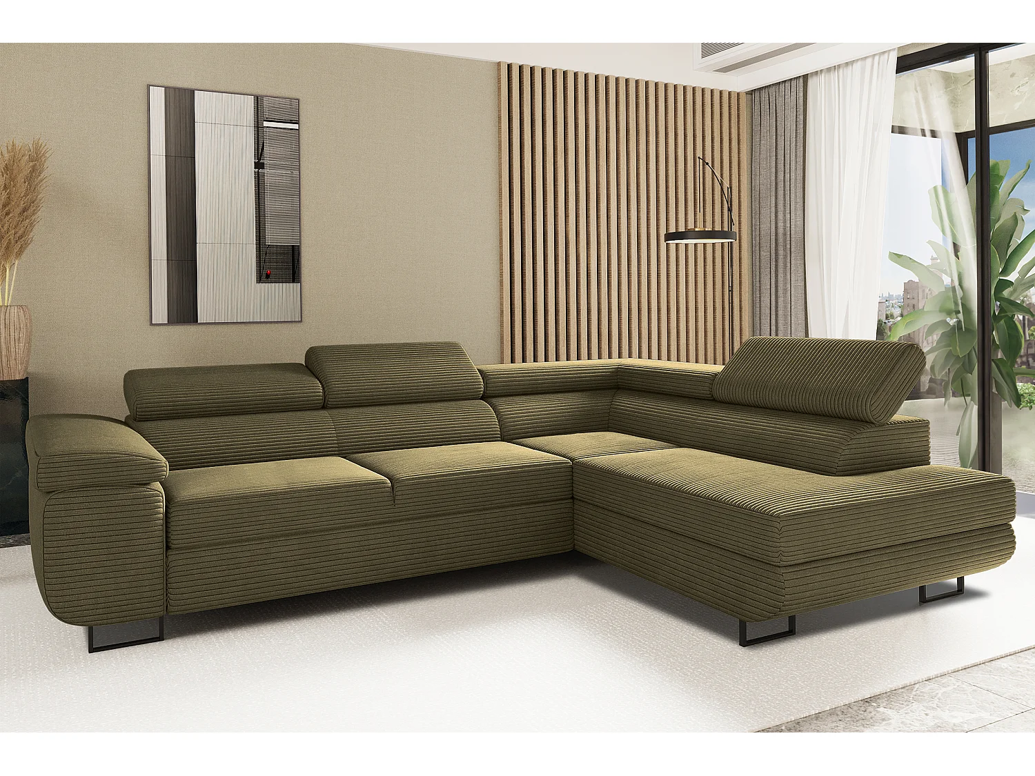 Canapé d'angle ATOMIC avec fonction couchage, tissu Poso, olive, droite