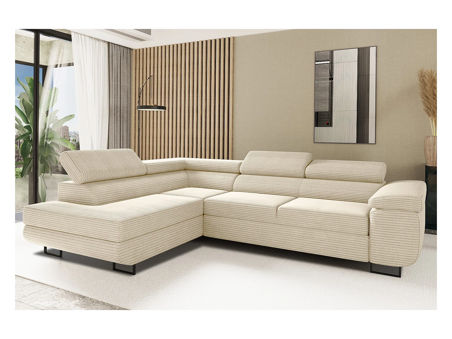 Canapé d'angle ATOMIC avec fonction couchage, tissu Poso, écru, gauche