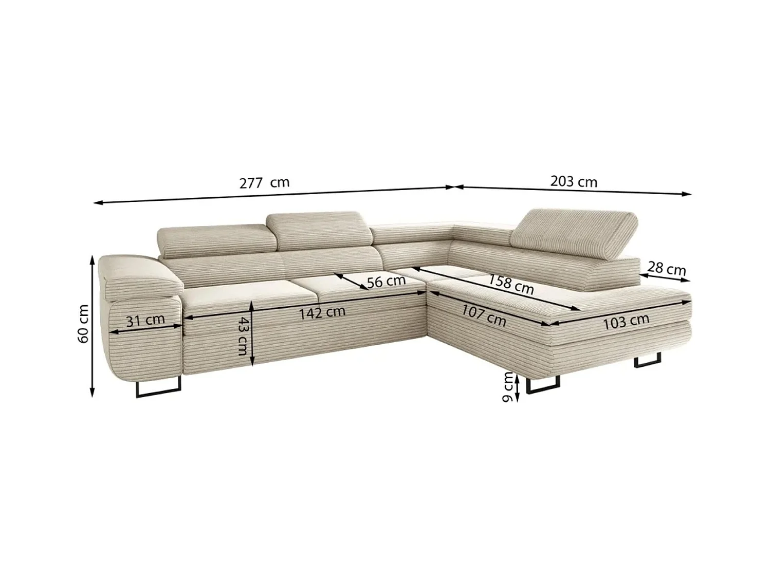 Canapé d'angle ATOMIC avec fonction couchage, tissu Poso, écru, gauche