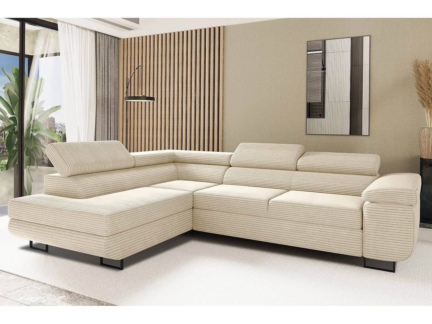 Canapé d'angle ATOMIC avec fonction couchage, tissu Poso, écru, gauche