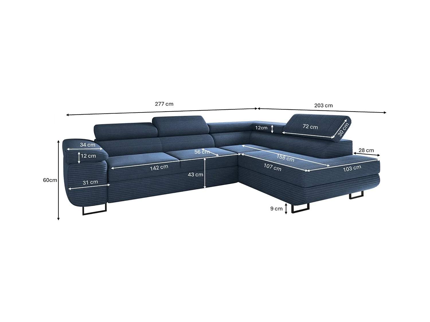 Canapé d'angle ATOMIC avec fonction couchage, tissu Poso, bleu foncé, gauche