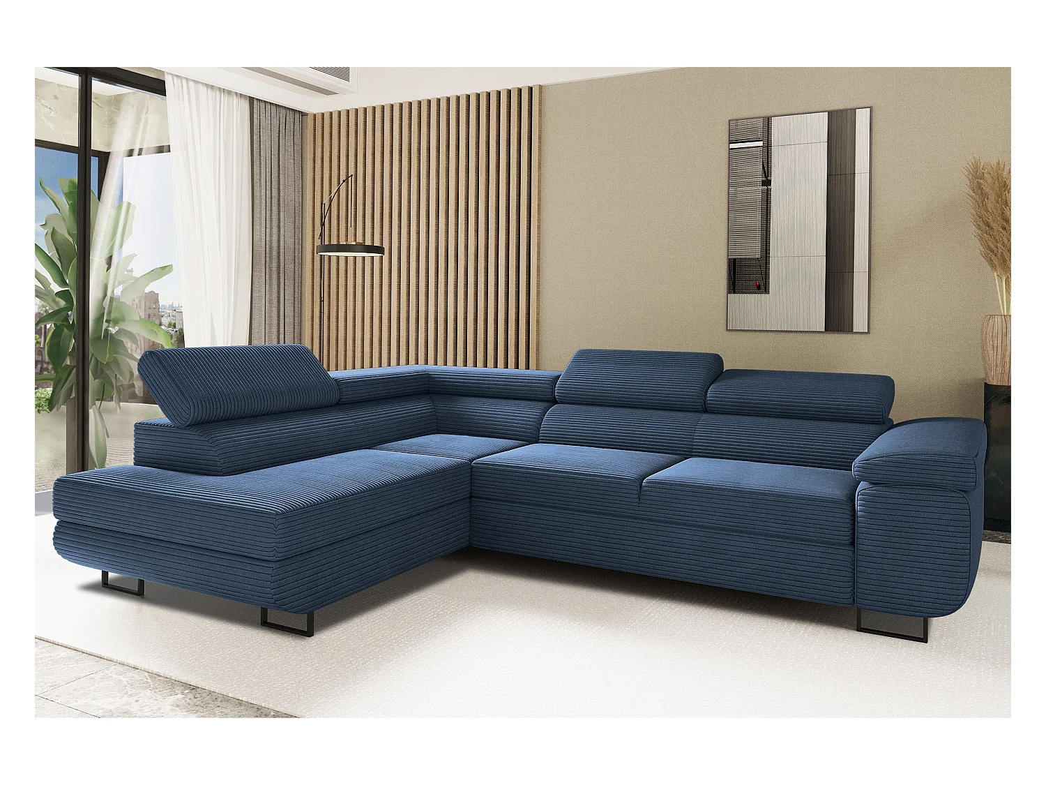 ATOMIC hoekbank met slaapfunctie, Poso stof, donkerblauw, links