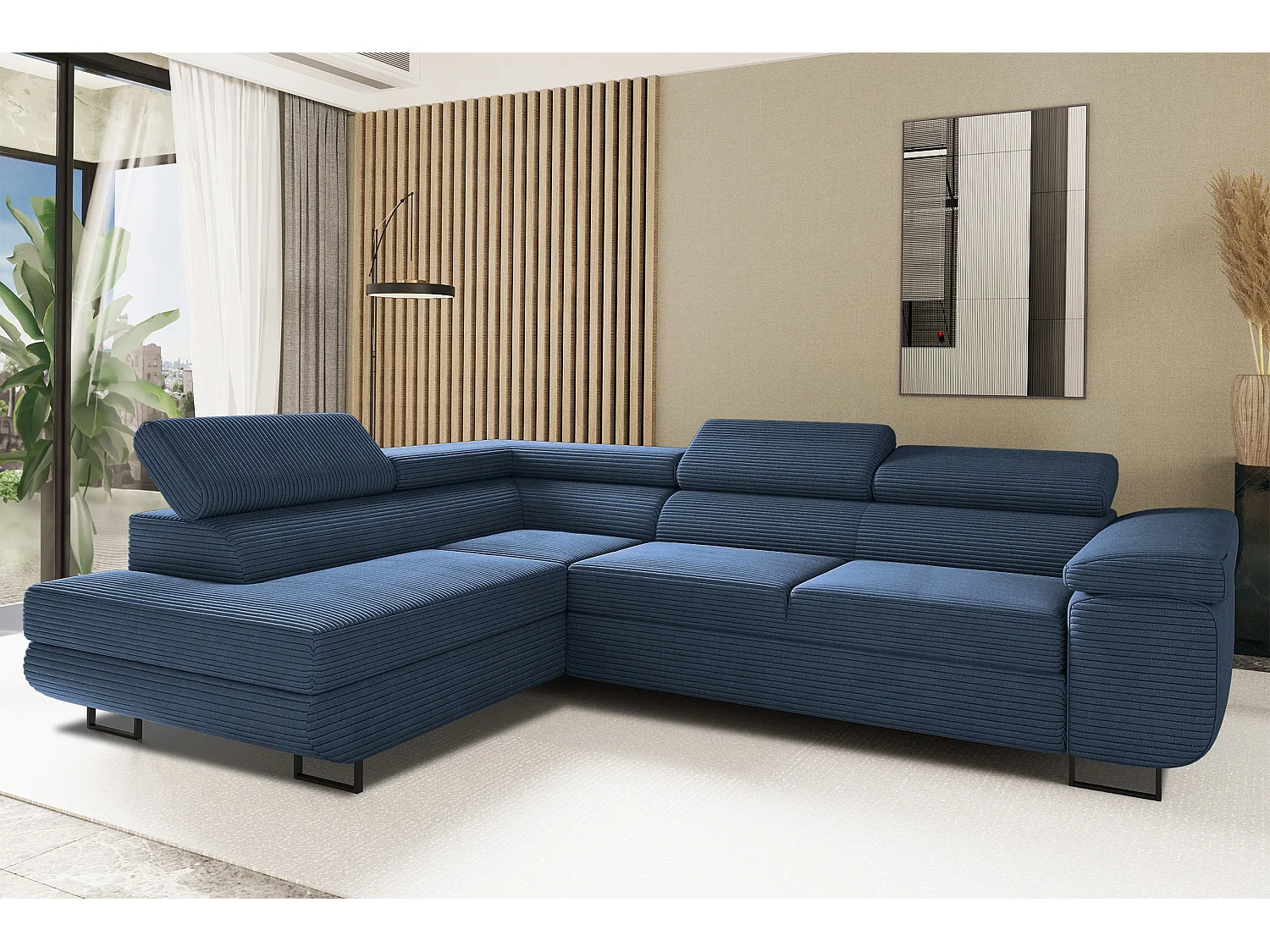 Canapé d'angle ATOMIC avec fonction couchage, tissu Poso, bleu foncé, gauche