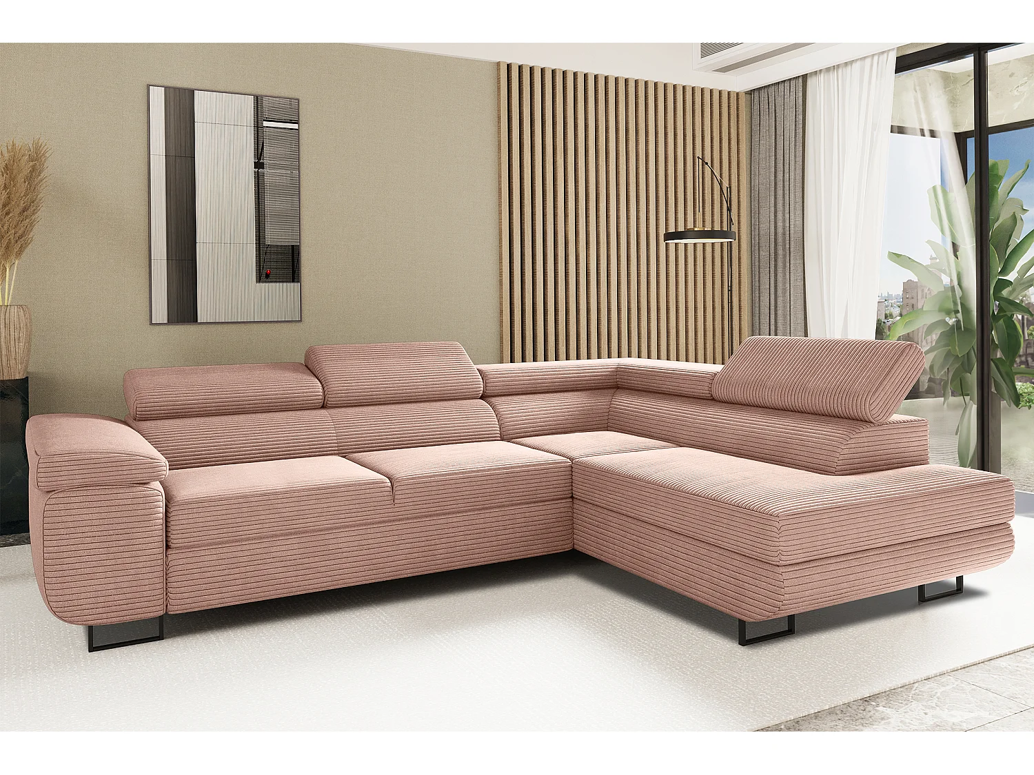 Canapé d'angle ATOMIC avec fonction couchage, tissu Poso, rose, droit