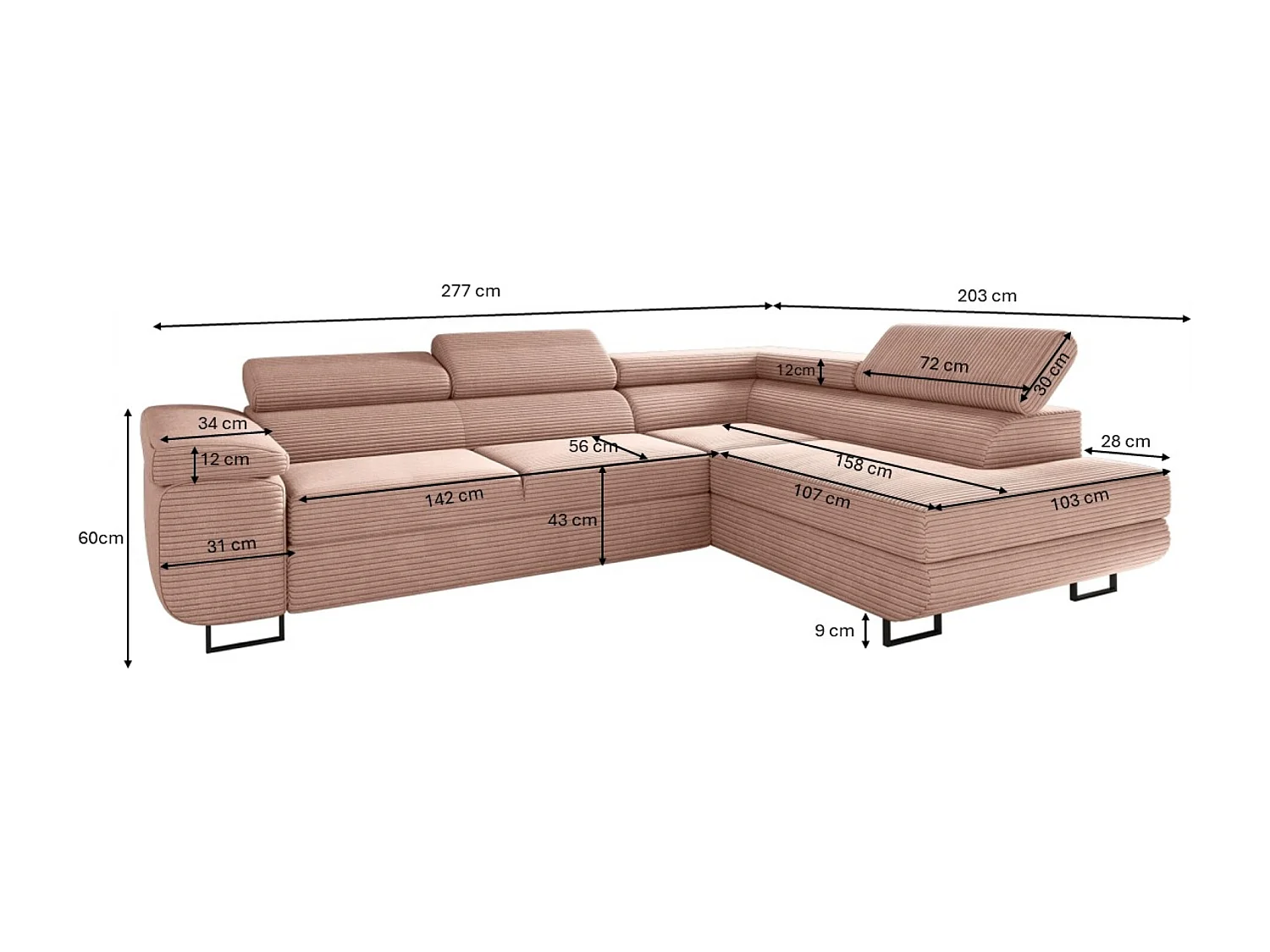 Canapé d'angle ATOMIC avec fonction couchage, tissu Poso, rose, droit