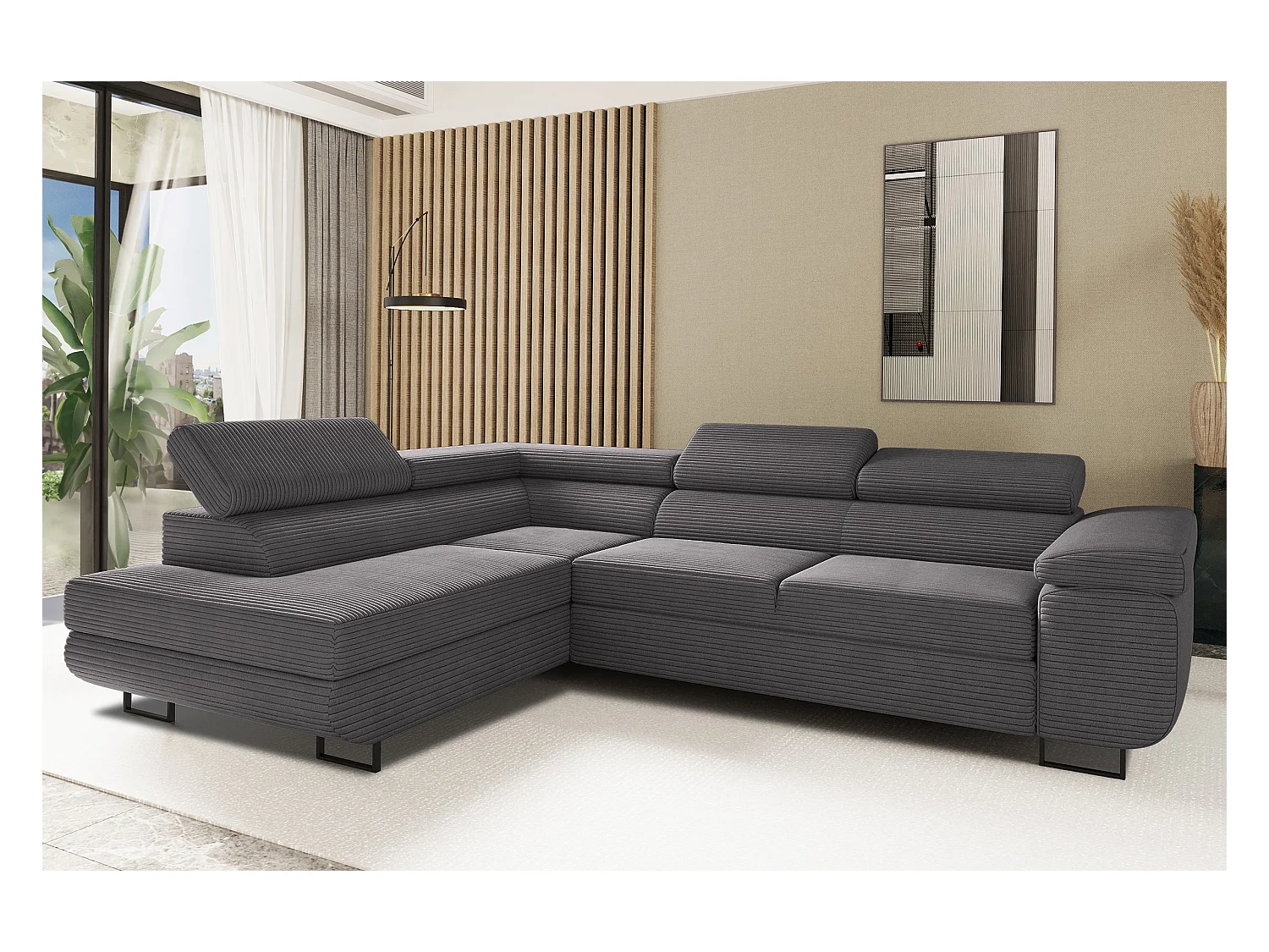 Canapé d'angle ATOMIC avec fonction couchage, tissu Poso, gris foncé, droit