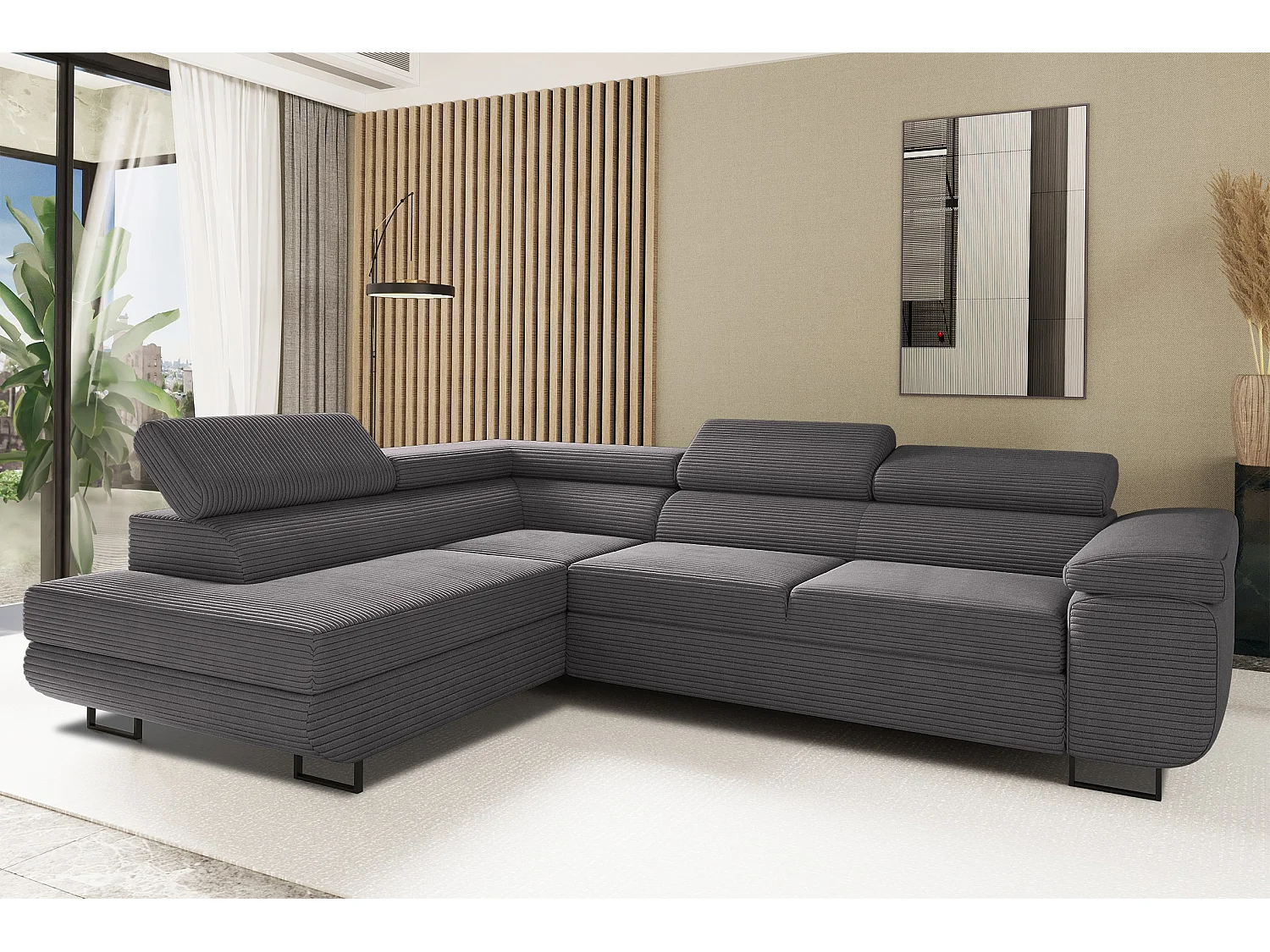 Canapé d'angle ATOMIC avec fonction couchage, tissu Poso, gris foncé, droit