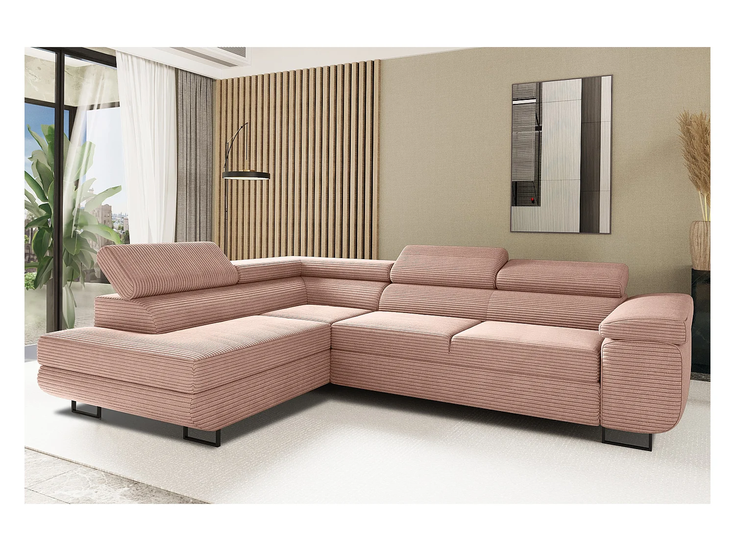 Canapé d'angle ATOMIC avec fonction couchage, tissu Poso, rose, gauche
