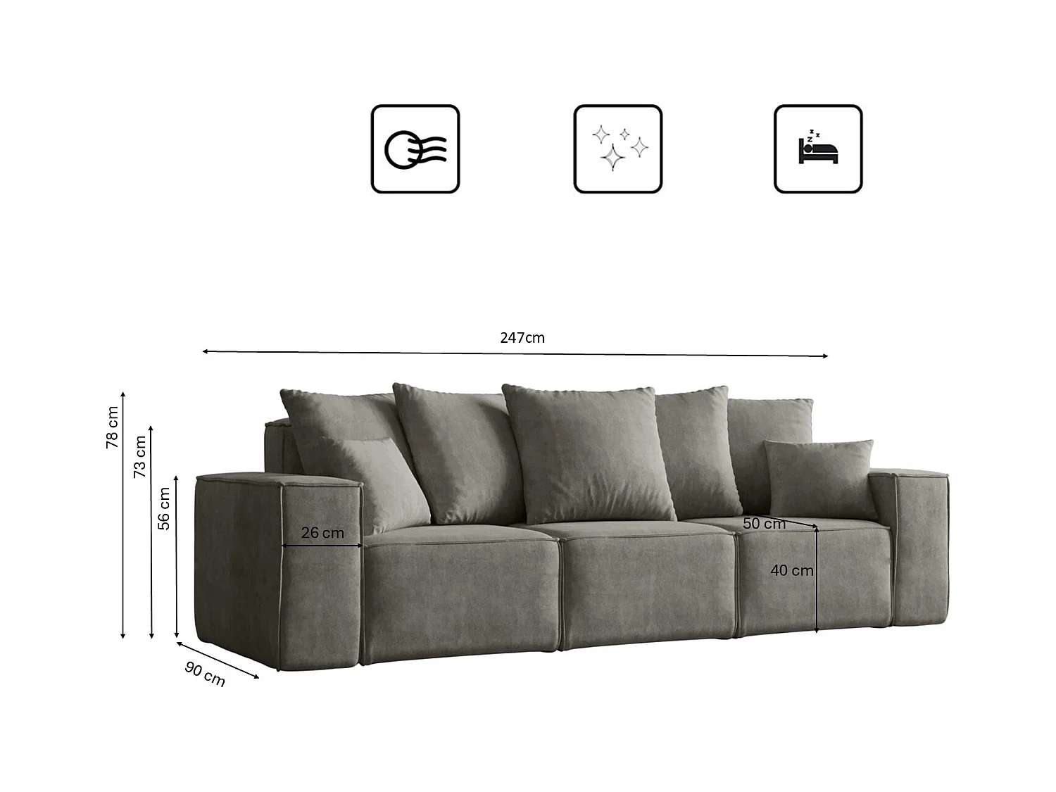 Canapé trois places ELLA, tissu Noel, gris