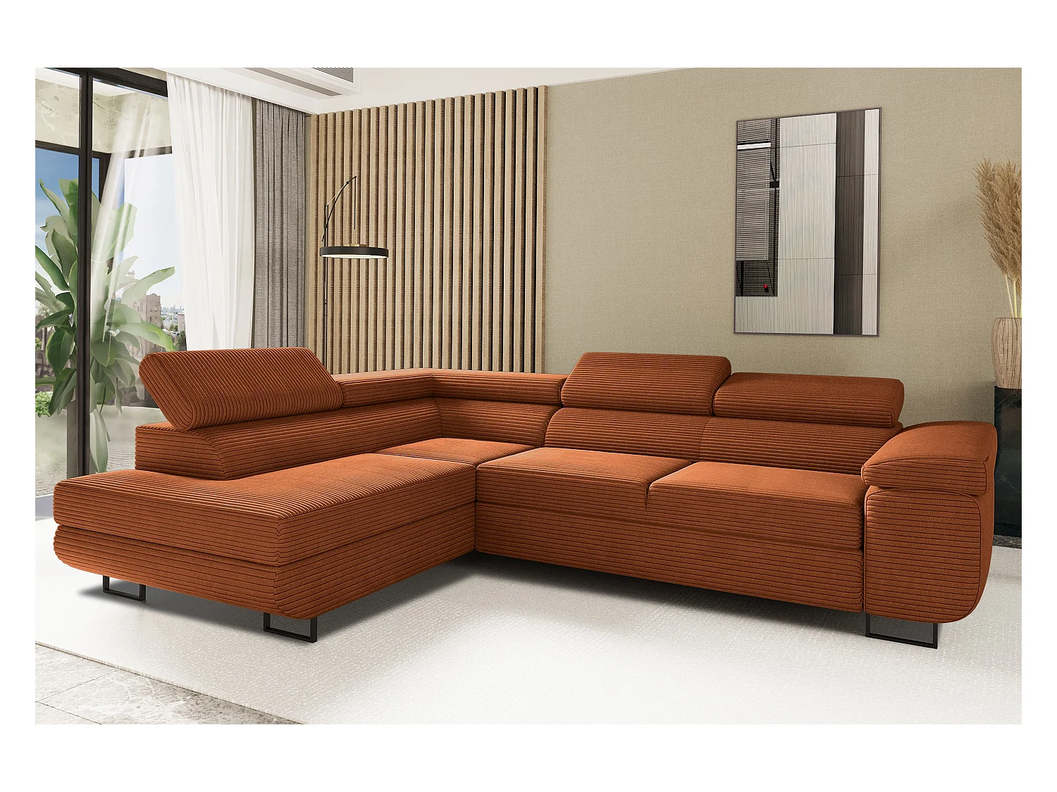 Canapé d'angle ATOMIC avec fonction couchage, tissu Poso, cuivre, gauche