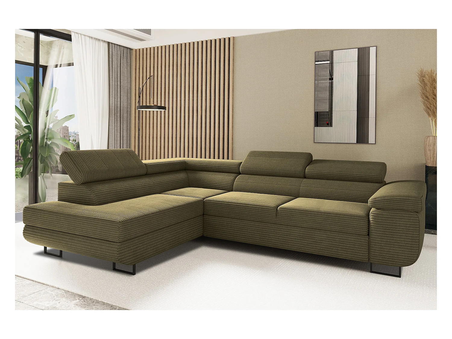 Canapé d'angle ATOMIC avec fonction couchage, tissu Poso, olive, gauche