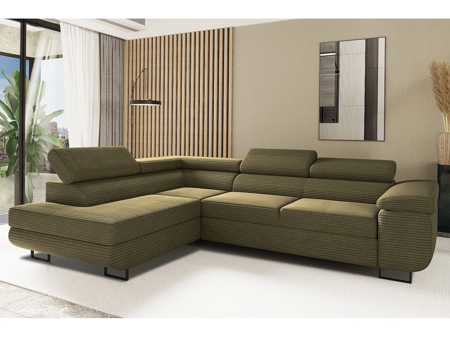 Canapé d'angle ATOMIC avec fonction couchage, tissu Poso, olive, gauche