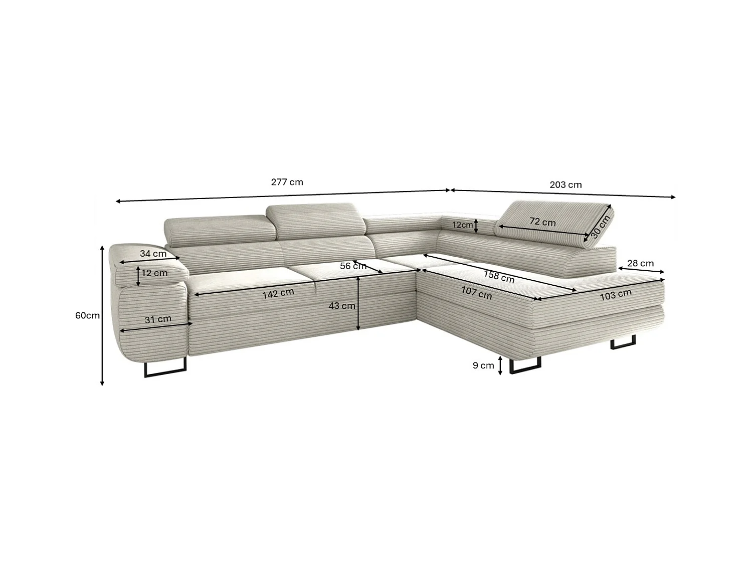 Canapé d'angle ATOMIC avec fonction couchage, tissu Poso, gris clair, gauche