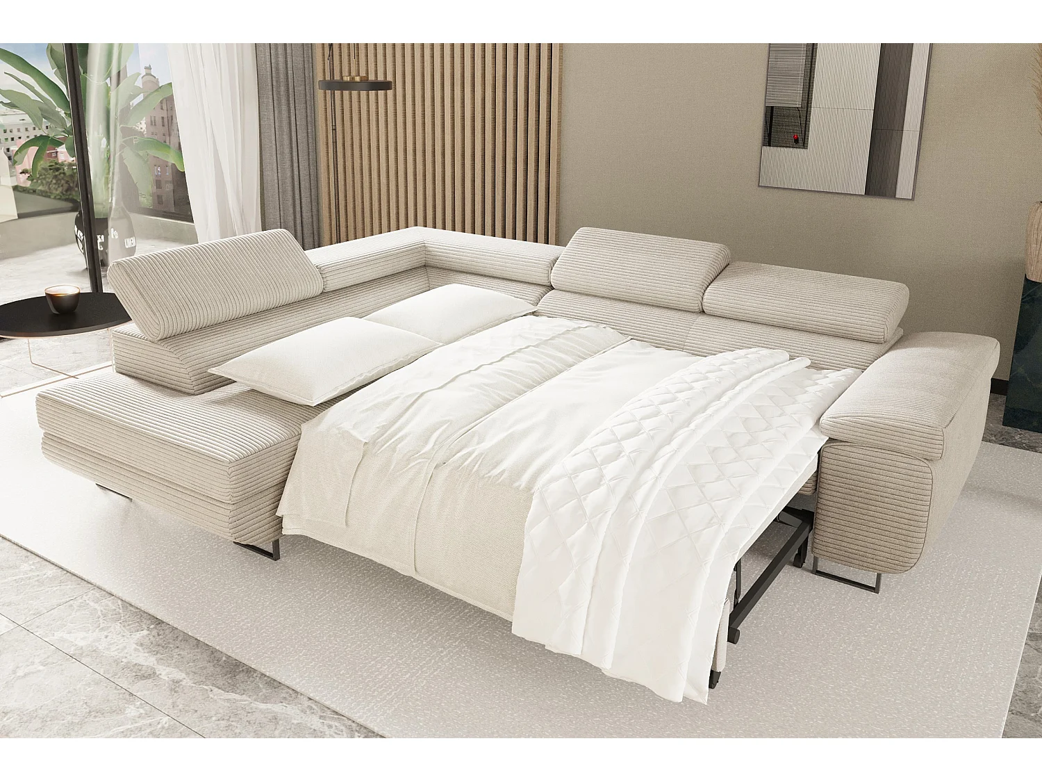 Canapé d'angle ATOMIC avec fonction couchage, tissu Poso, gris clair, gauche