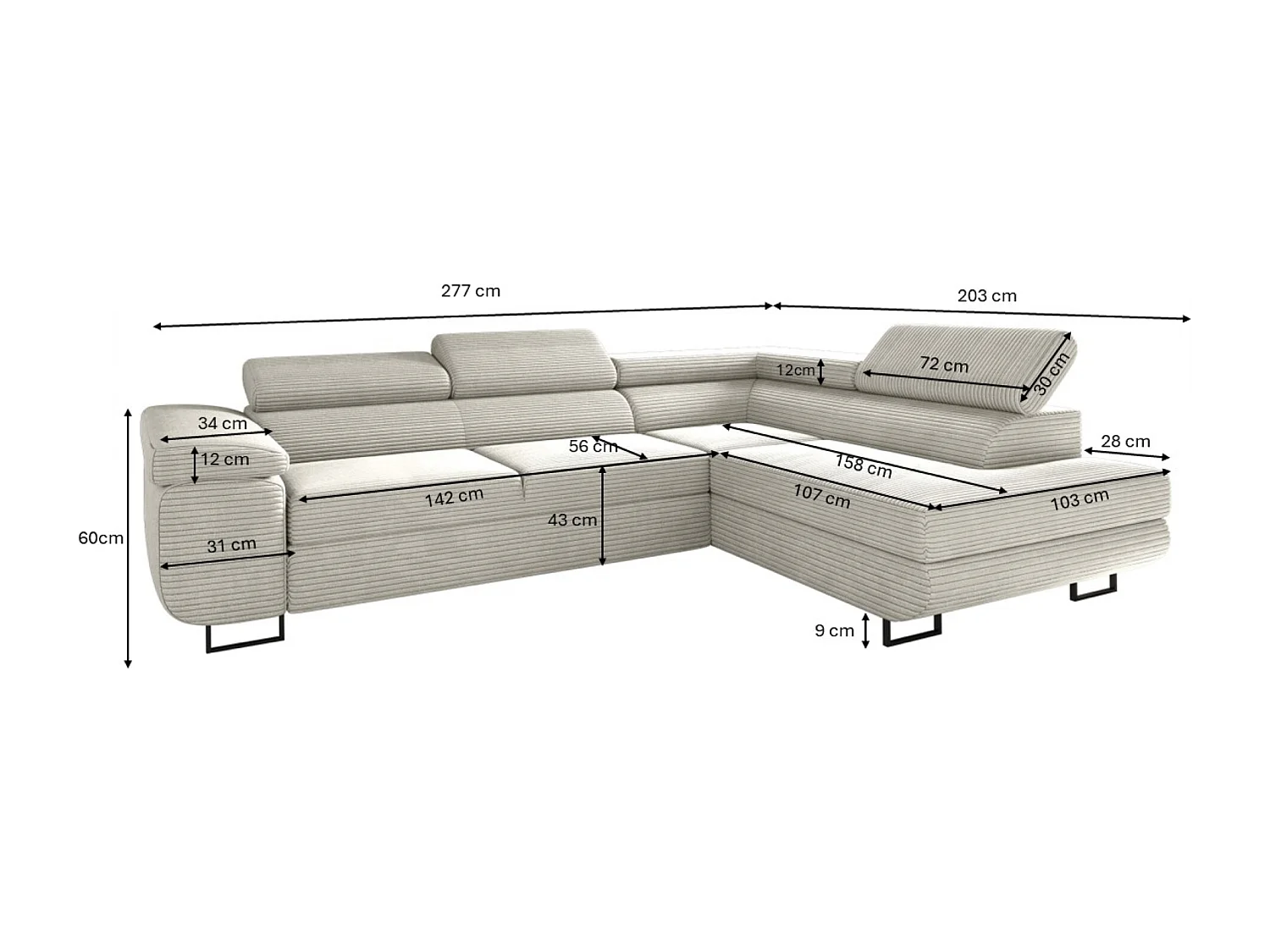 Canapé d'angle ATOMIC avec fonction couchage, tissu Poso, gris clair, gauche