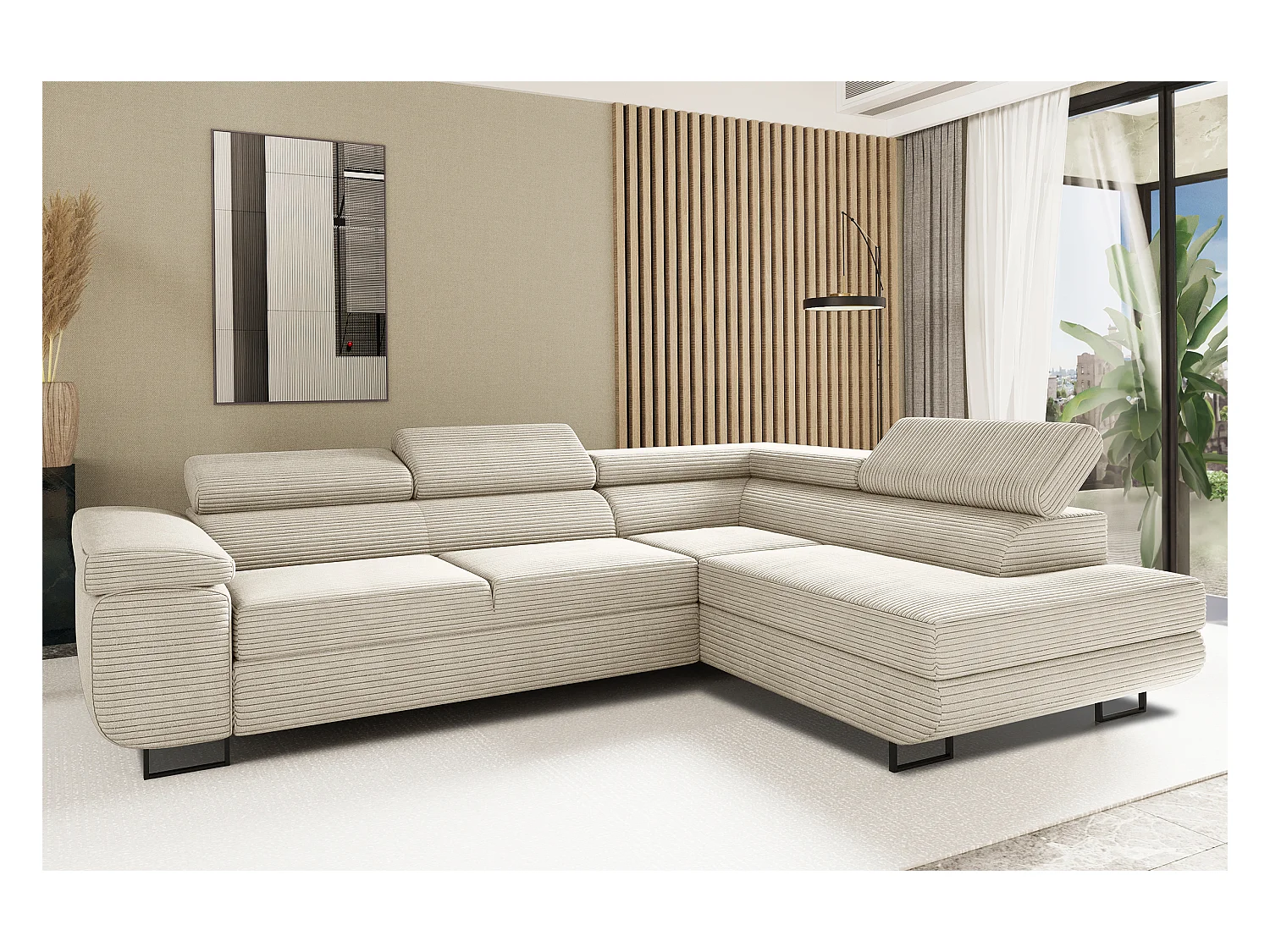 Canapé d'angle ATOMIC avec fonction couchage, tissu Poso, beige, droit