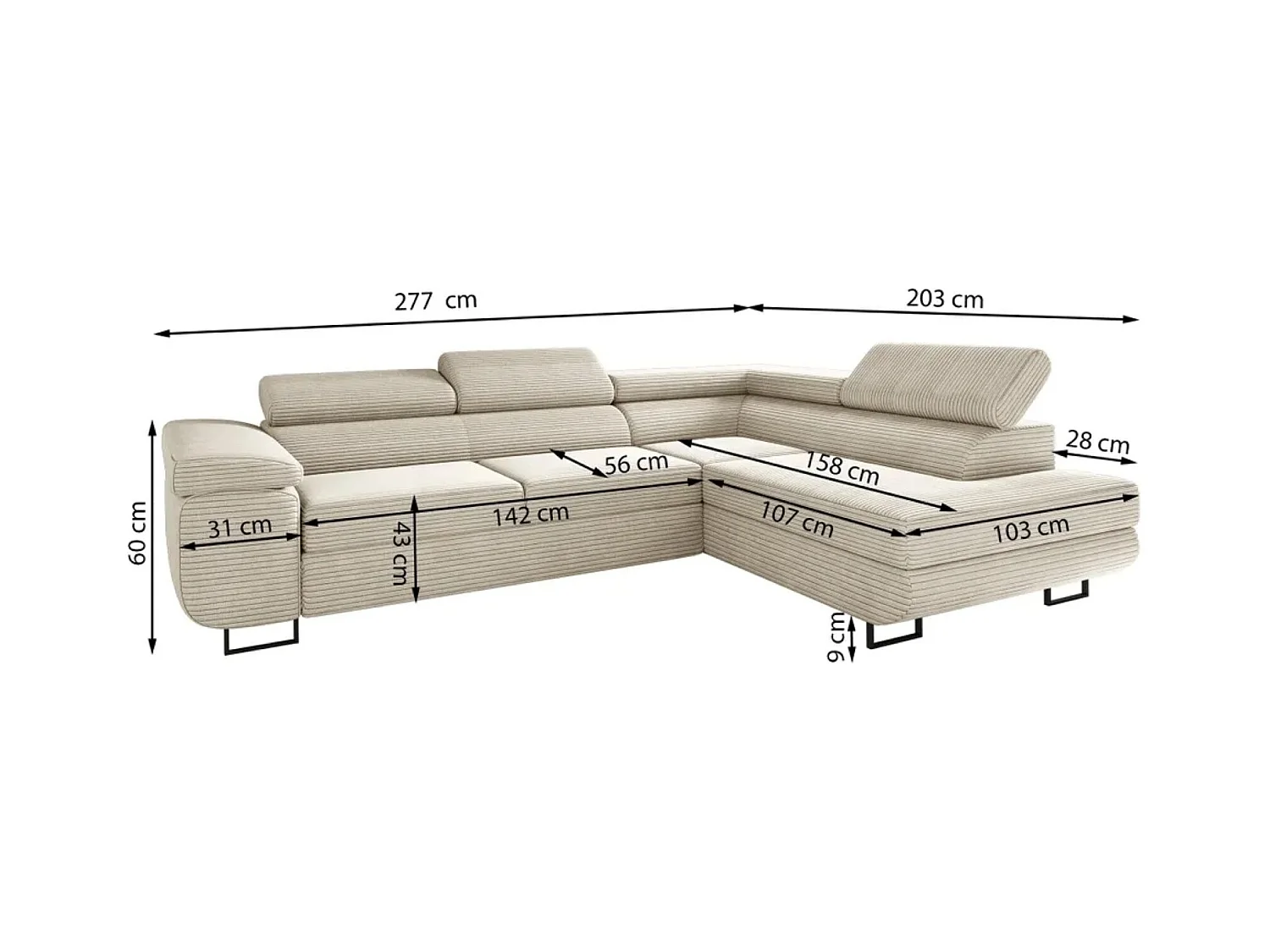 Canapé d'angle ATOMIC avec fonction couchage, tissu Poso, beige, droit