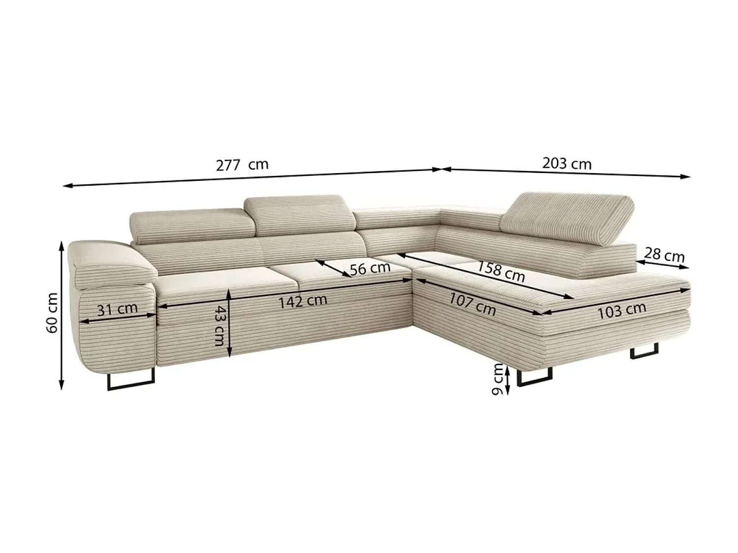 Canapé d'angle ATOMIC avec fonction couchage, tissu Poso, beige, droit