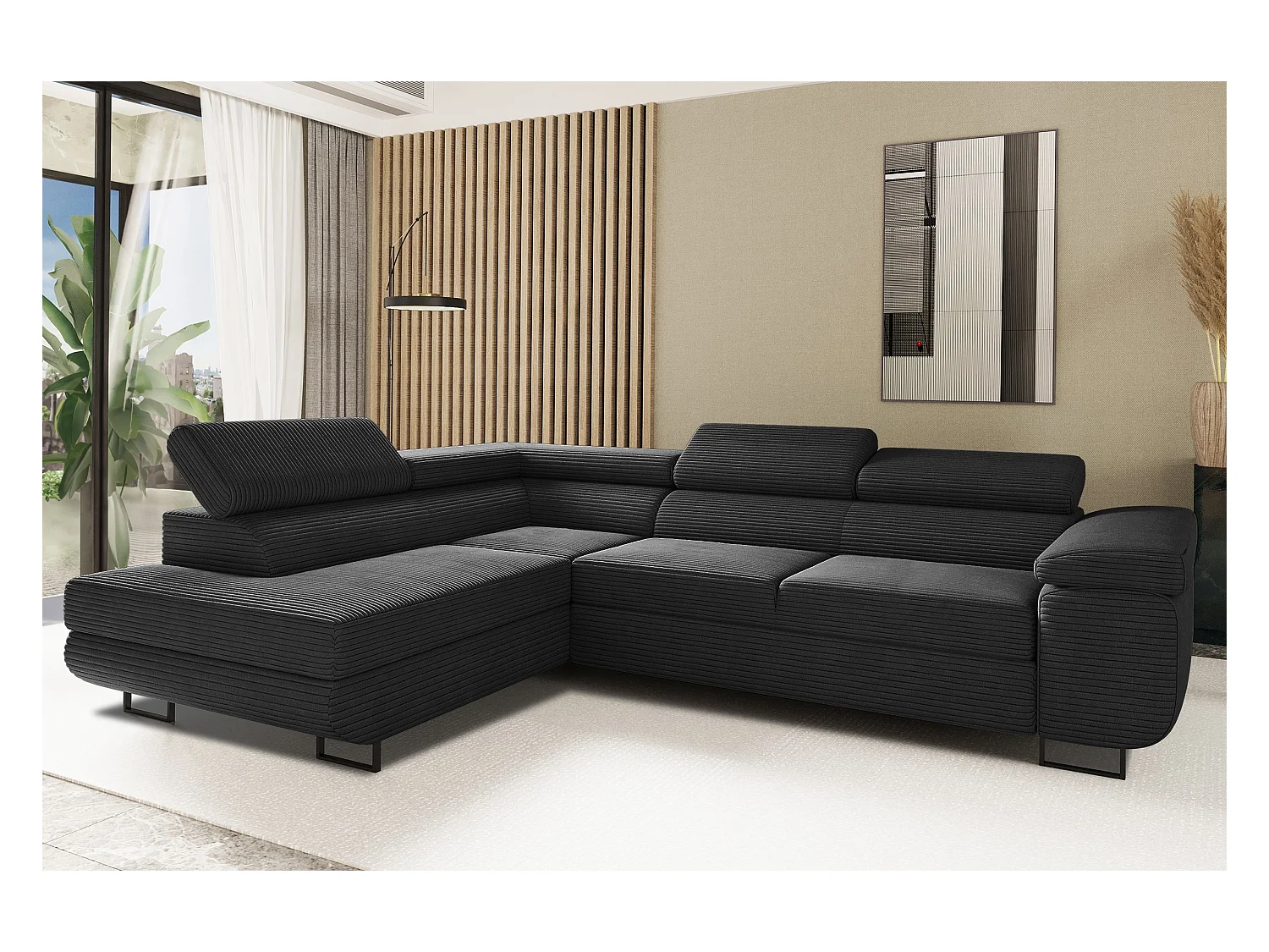 Canapé d'angle ATOMIC avec fonction couchage, tissu Poso, noir, gauche