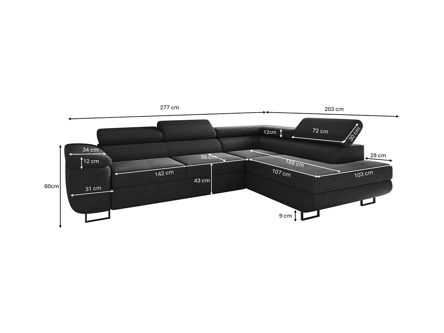 Canapé d'angle ATOMIC avec fonction couchage, tissu Poso, noir, gauche