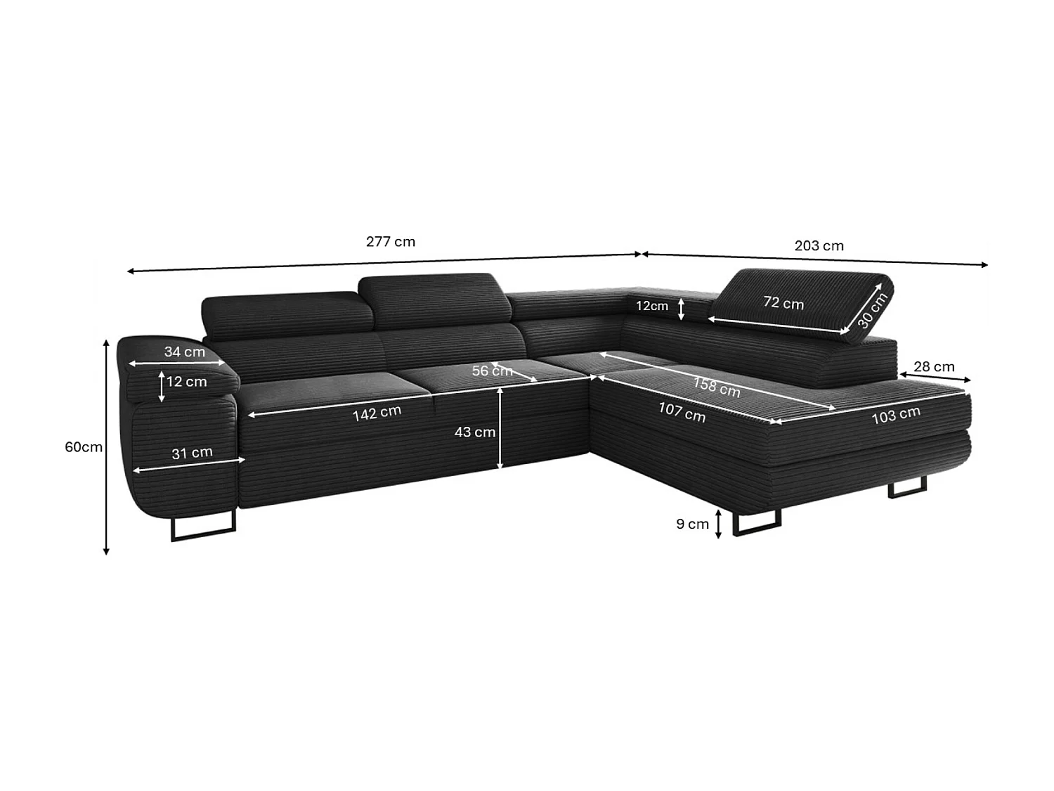 Canapé d'angle ATOMIC avec fonction couchage, tissu Poso, noir, gauche
