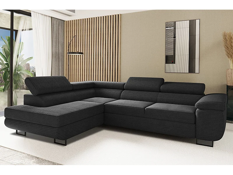Canapé d'angle ATOMIC avec fonction couchage, tissu Poso, noir, gauche