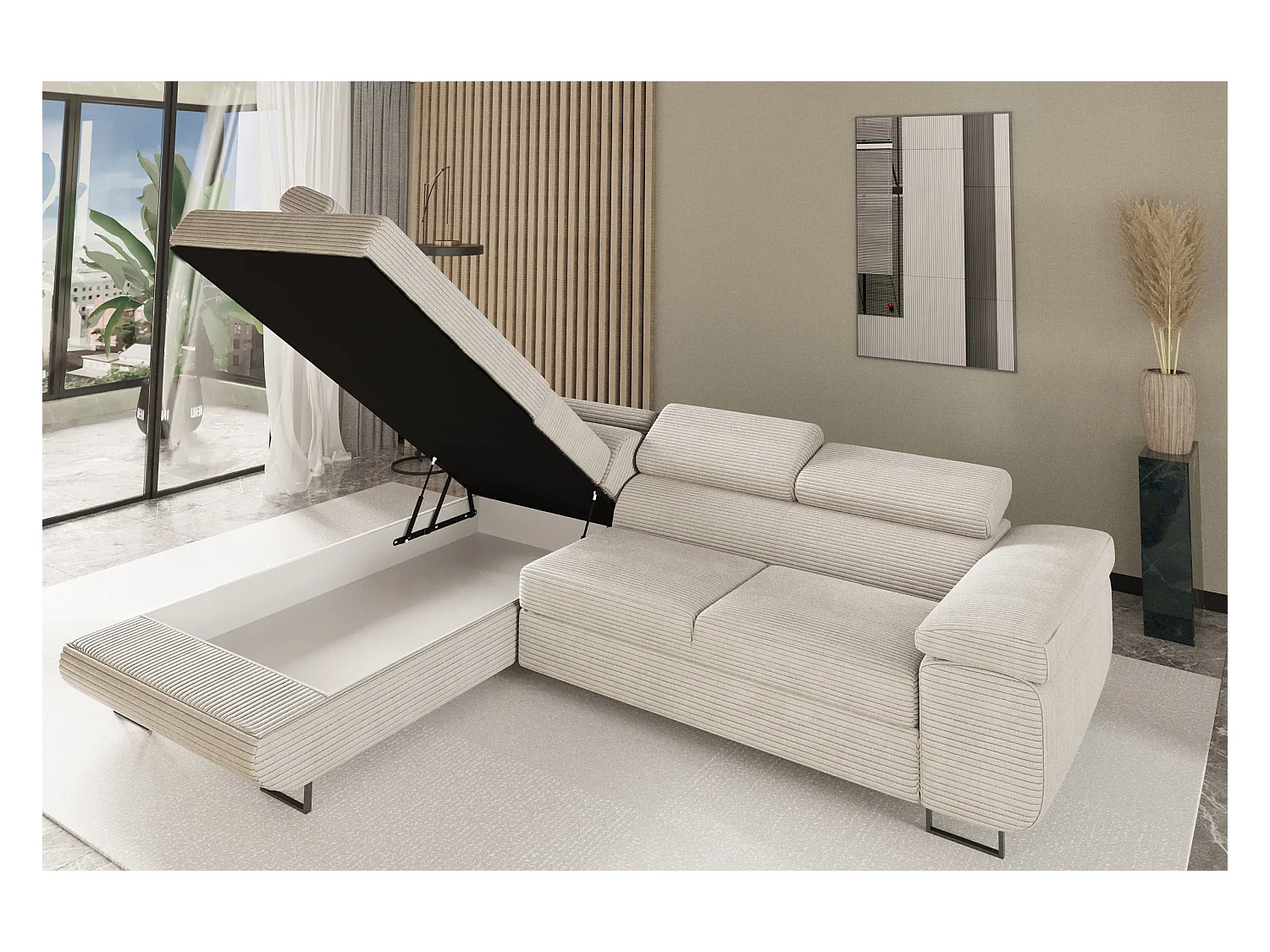 Canapé d'angle ATOMIC avec fonction couchage, tissu Poso, beige, gauche
