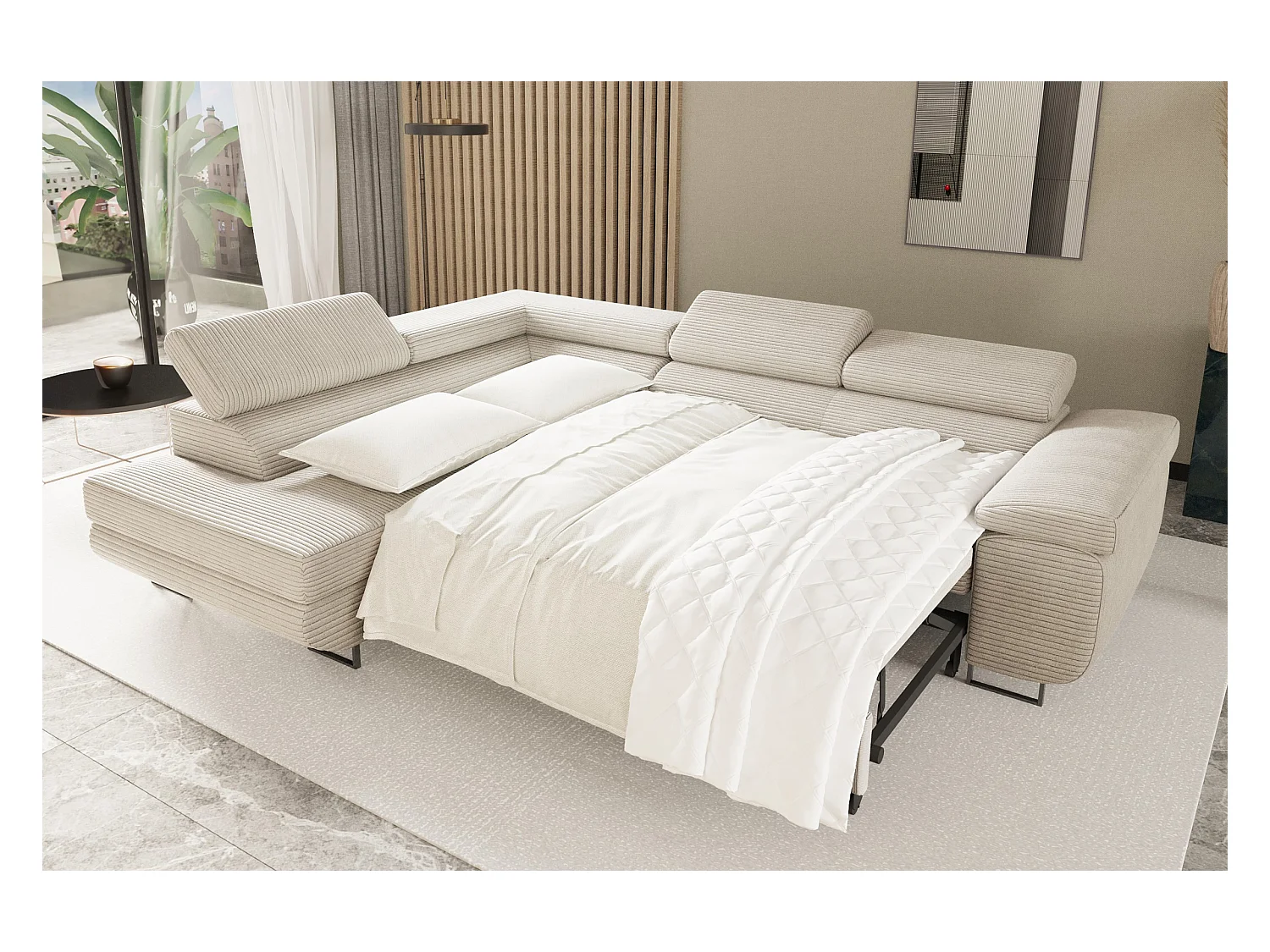 Canapé d'angle ATOMIC avec fonction couchage, tissu Poso, beige, gauche