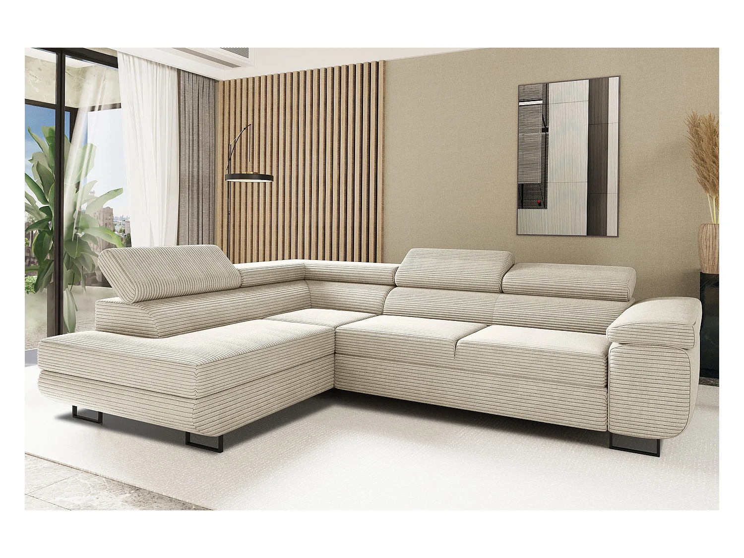 ATOMIC hoekbank met slaapfunctie, Poso stof, beige, links