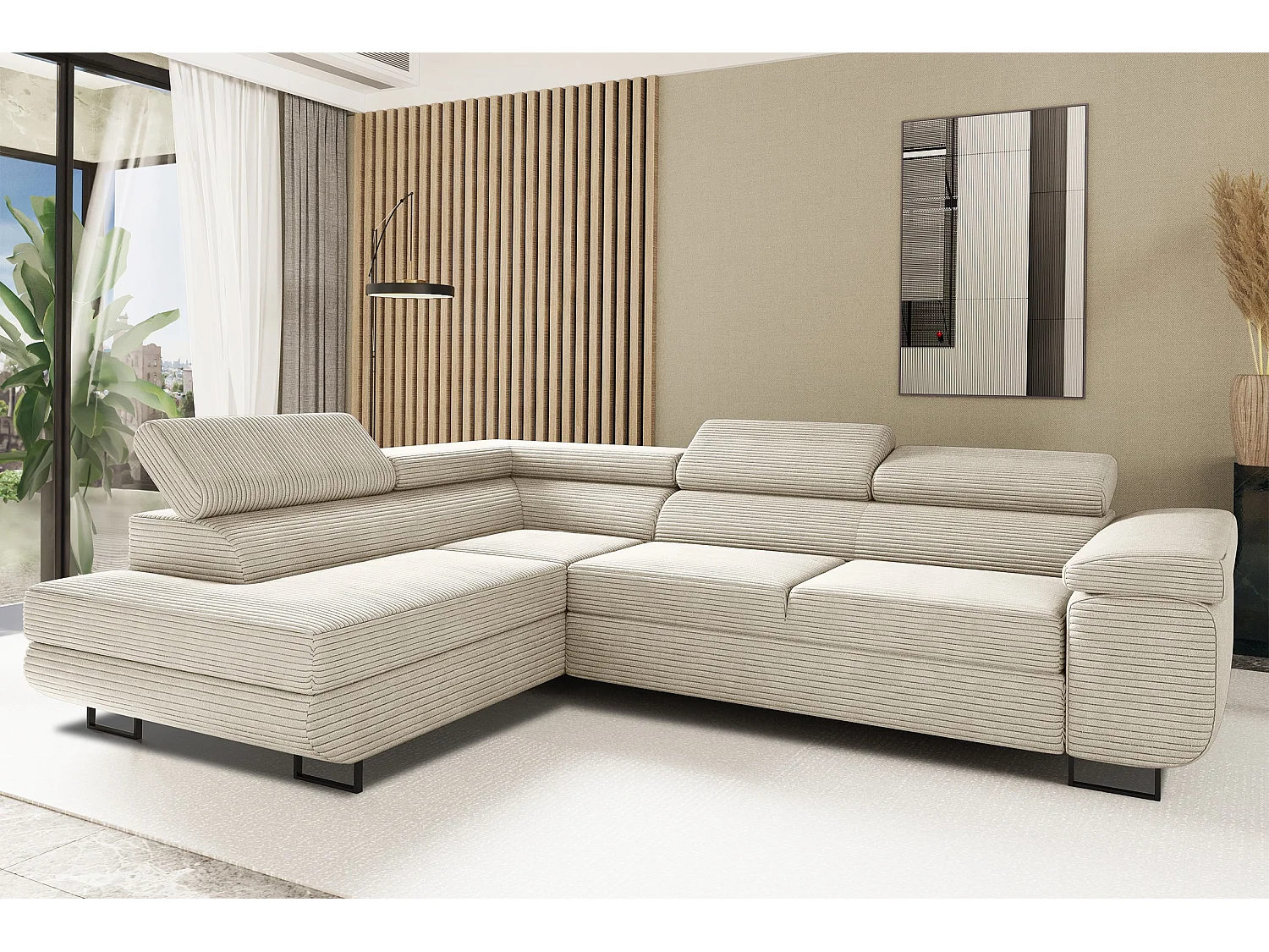 Canapé d'angle ATOMIC avec fonction couchage, tissu Poso, beige, gauche