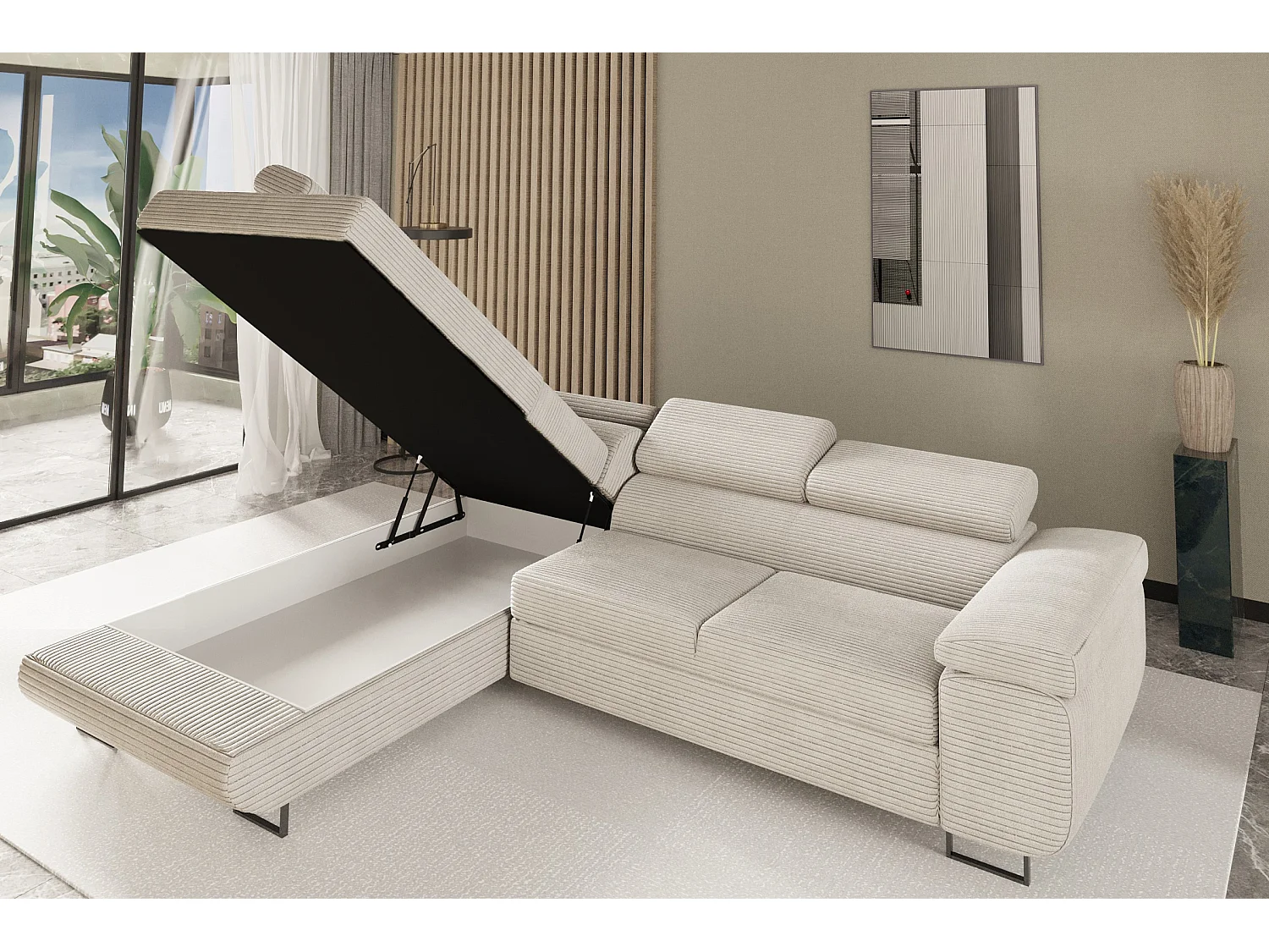 Canapé d'angle ATOMIC avec fonction couchage, tissu Poso, beige, gauche