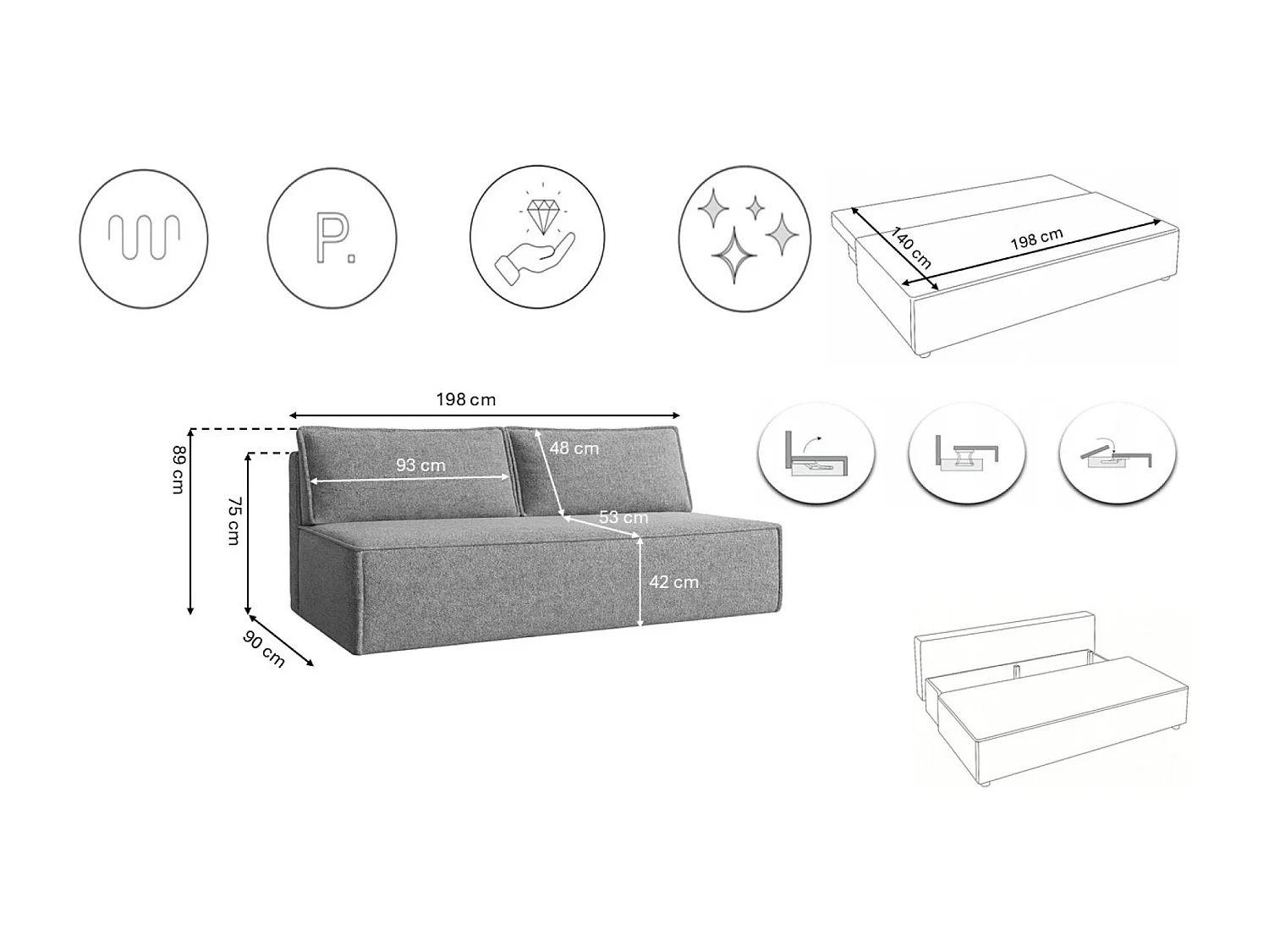 Canapé-lit DUO avec fonction couchage, tissu Verita, gris