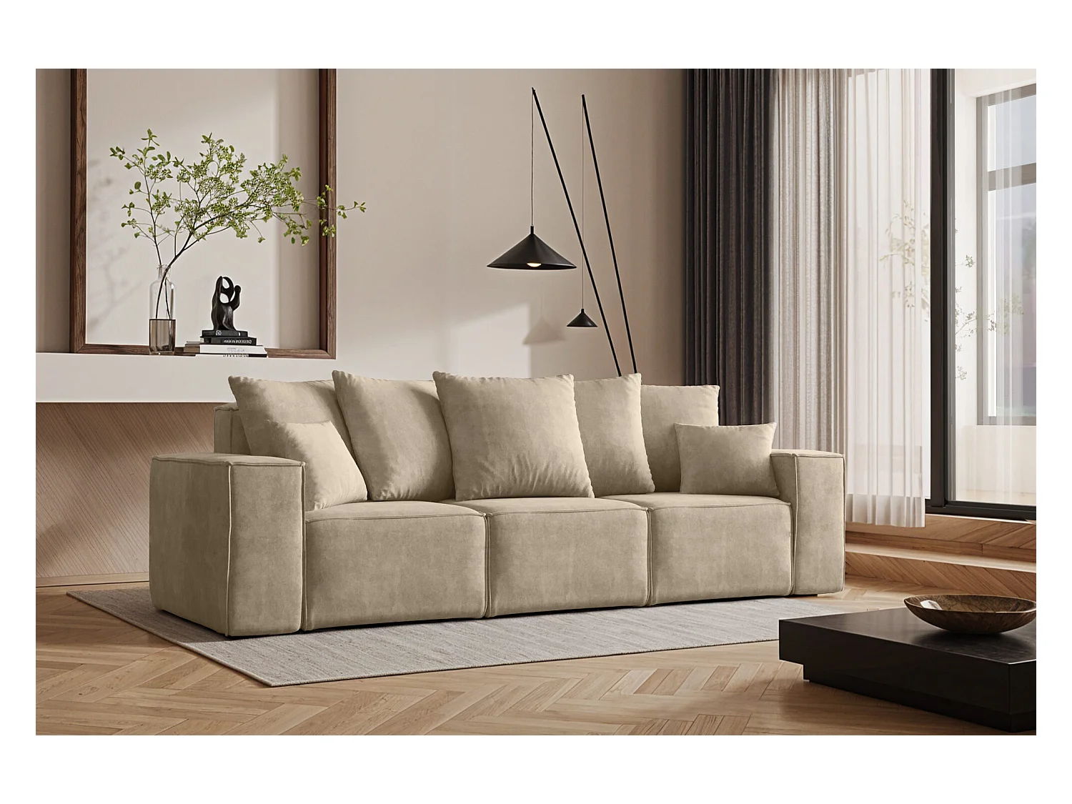 Canapé trois places ELLA, tissu Noel, beige clair