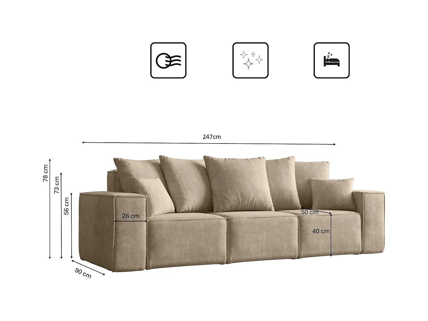 Canapé trois places ELLA, tissu Noel, beige clair