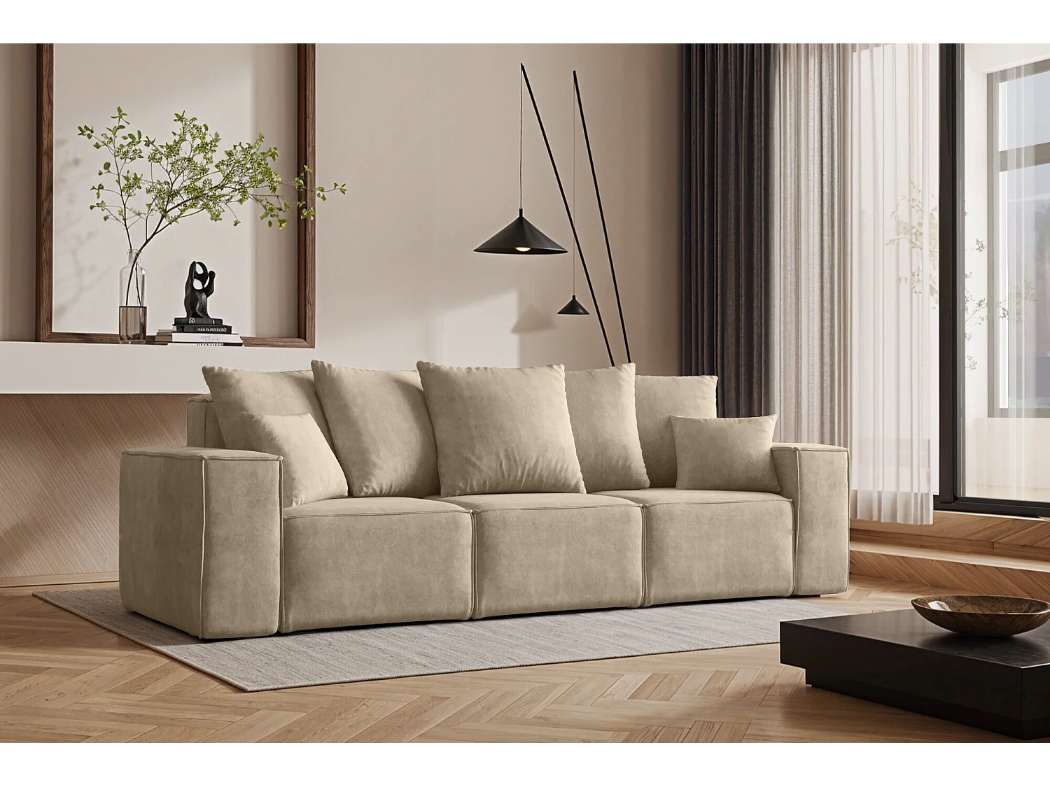 Canapé trois places ELLA, tissu Noel, beige clair