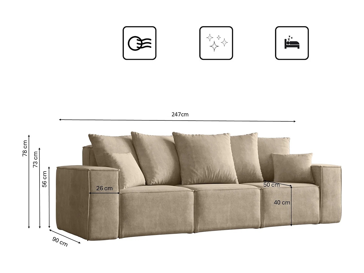 Canapé trois places ELLA, tissu Noel, beige clair