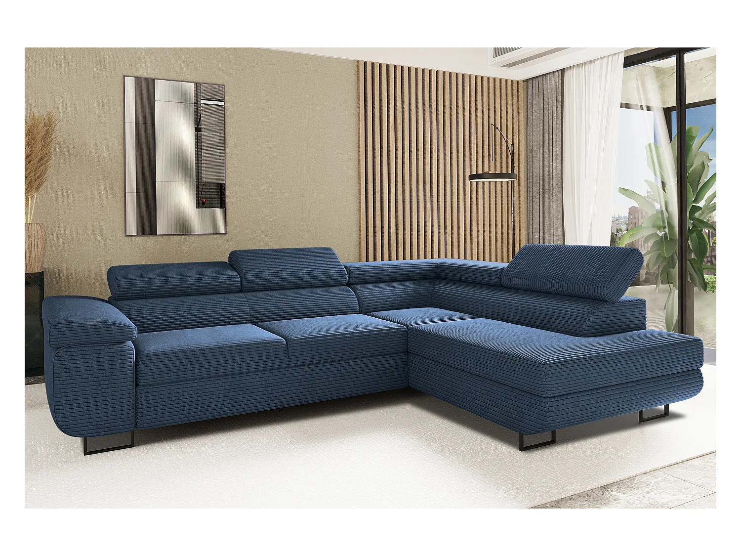 Canapé d'angle ATOMIC avec fonction couchage, tissu Poso, bleu foncé, droit