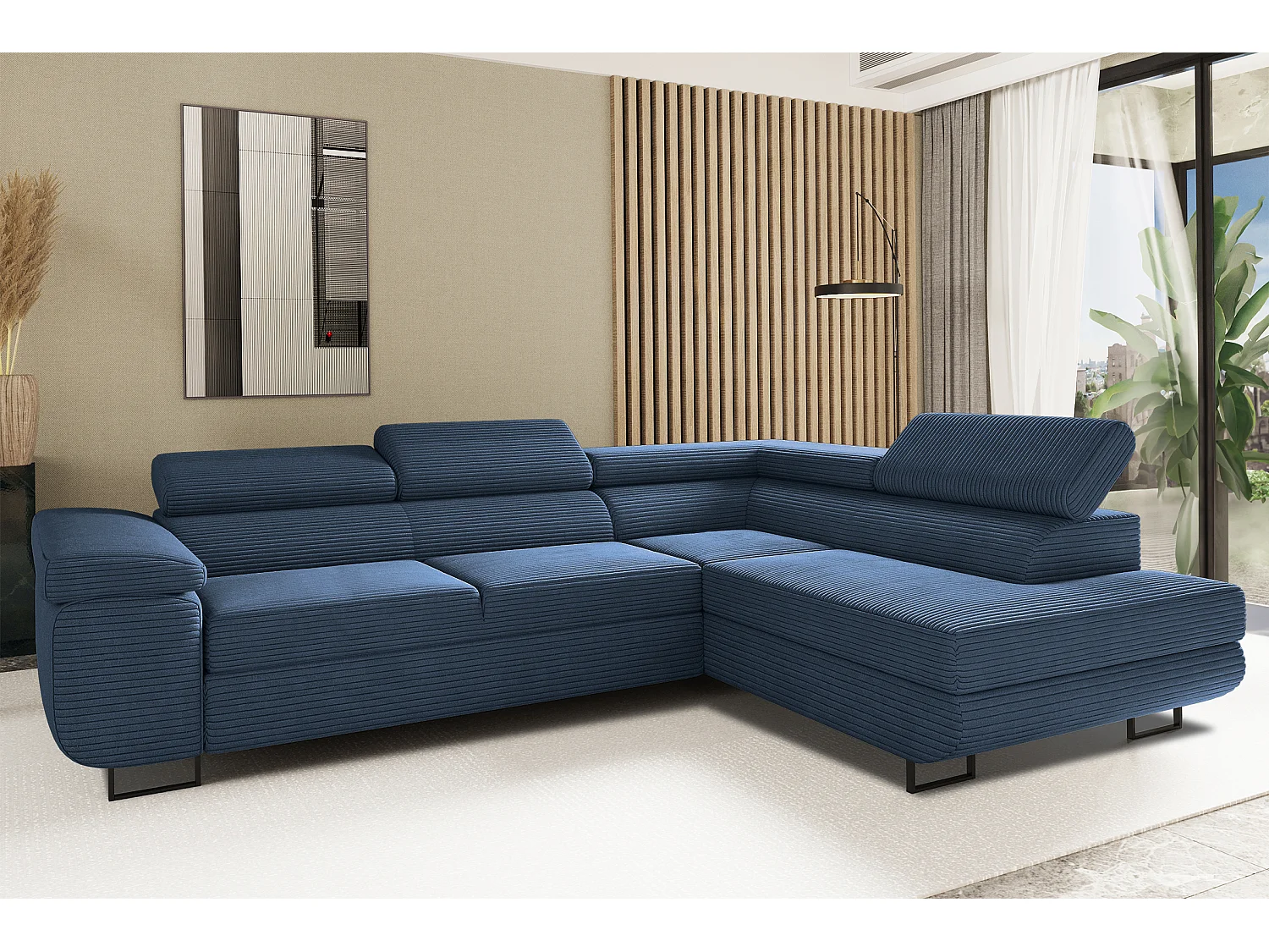 Canapé d'angle ATOMIC avec fonction couchage, tissu Poso, bleu foncé, droit