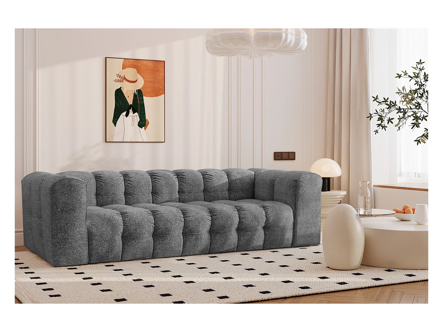 Sofa 4-Sitzer, Komfort Couch BALOO, stoff Schenille & Bouclé, Anthrazit