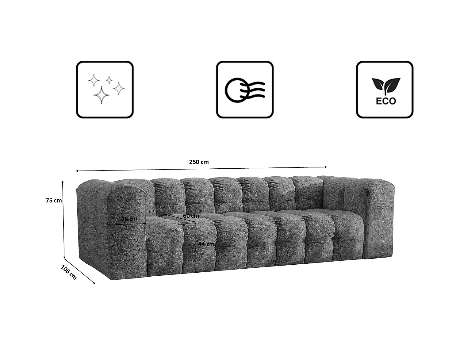 Sofa 4-Sitzer, Komfort Couch BALOO, stoff Schenille & Bouclé, Anthrazit