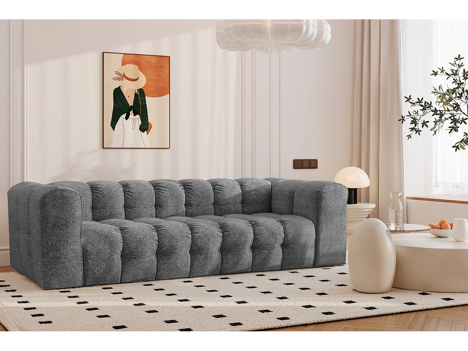 Sofa 4-Sitzer, Komfort Couch BALOO, stoff Schenille & Bouclé, Anthrazit