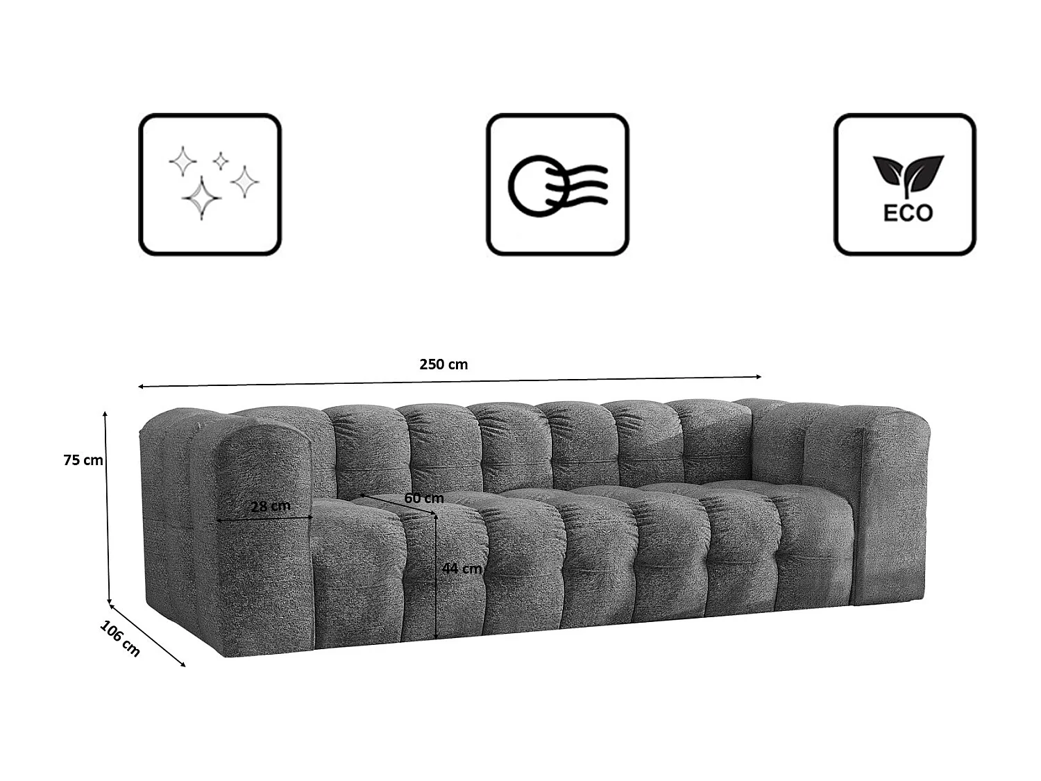 Sofa 4-Sitzer, Komfort Couch BALOO, stoff Schenille & Bouclé, Anthrazit