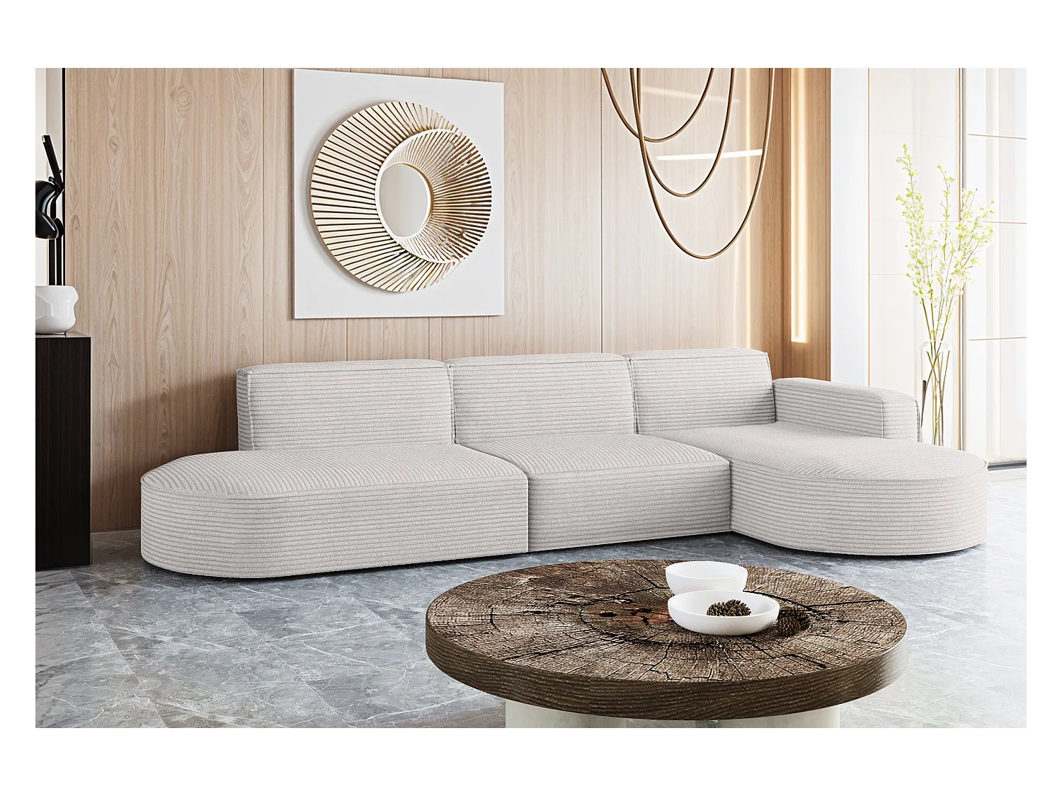 Canapé d'angle Modena en L, tissu Poso, écru, droit