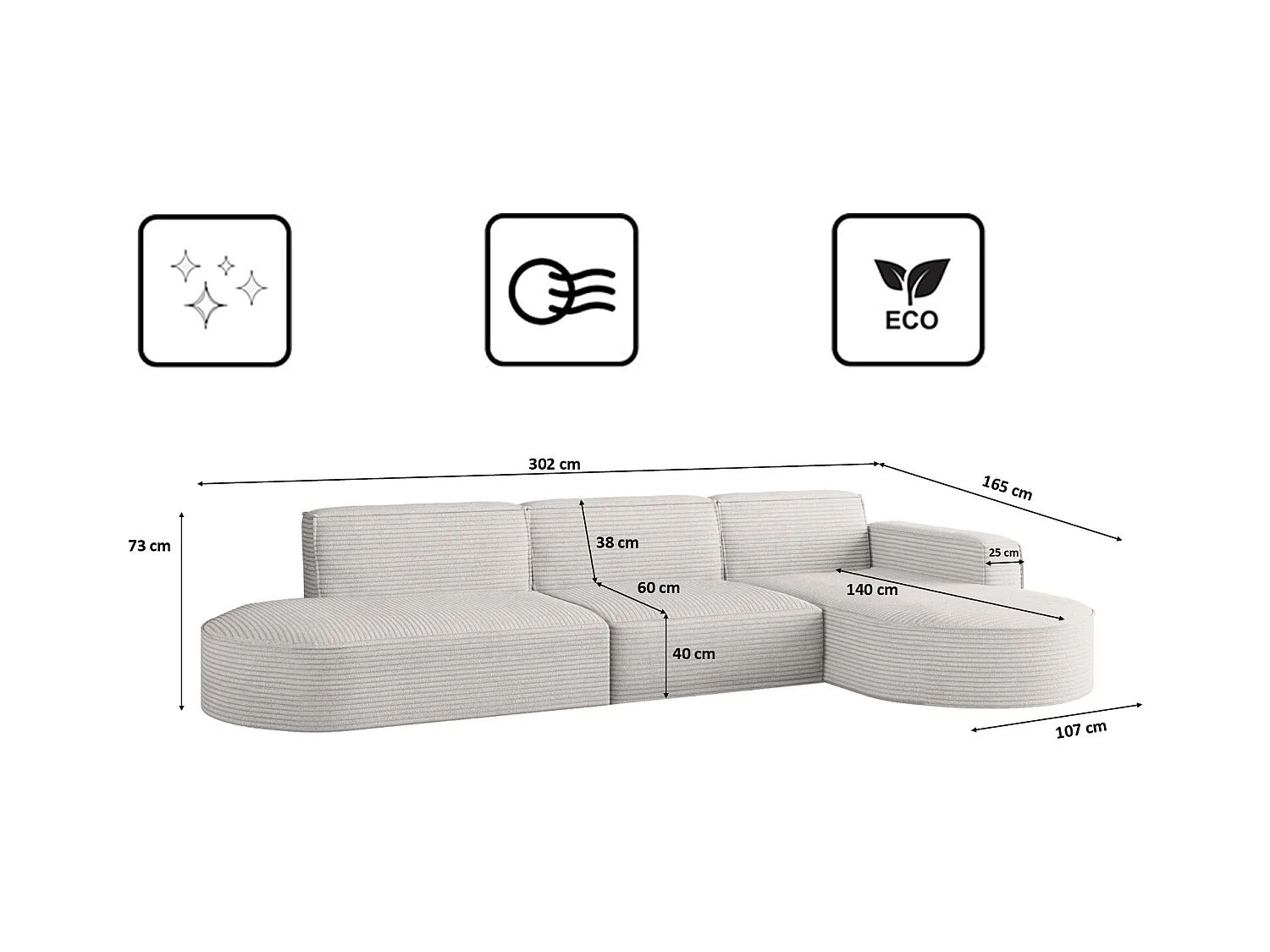 Canapé d'angle Modena en L, tissu Poso, écru, droit