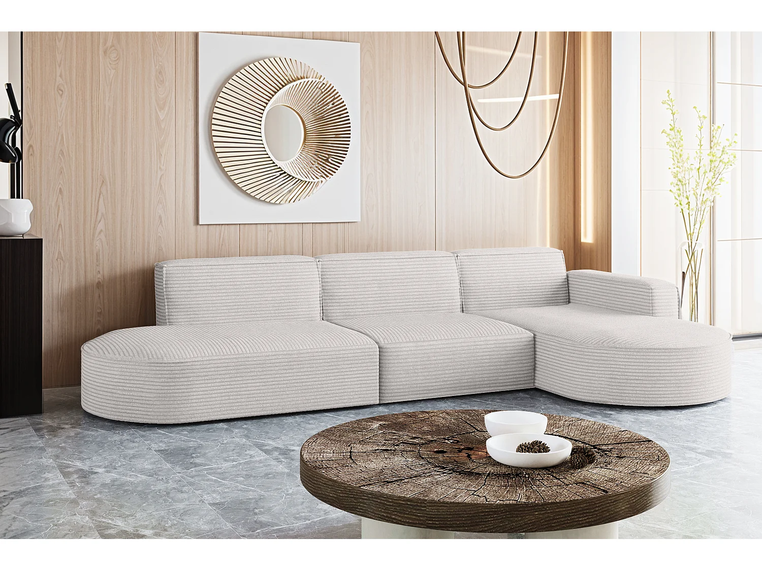 Canapé d'angle Modena en L, tissu Poso, écru, droit