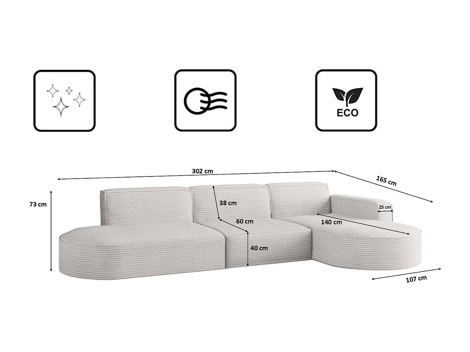 Canapé d'angle Modena en L, tissu Poso, écru, droit