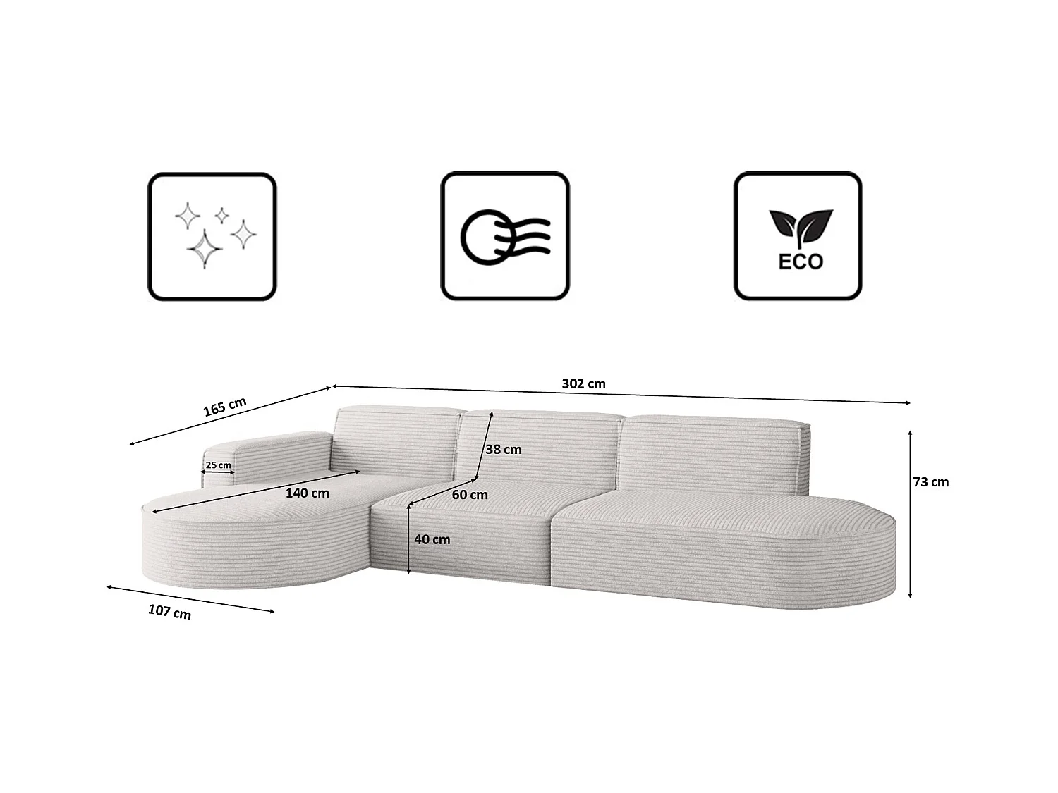 Canapé d'angle Modena en L, tissu Poso, écru, gauche