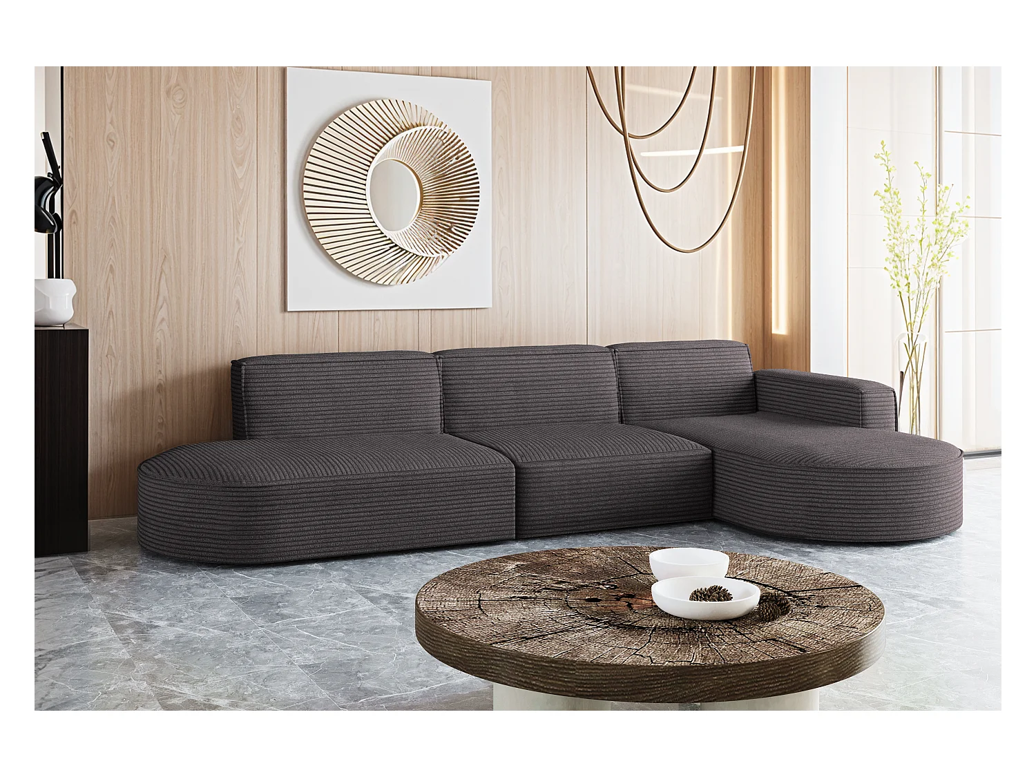 Canapé d'angle Modena en L, tissu Poso, gris foncé, droit