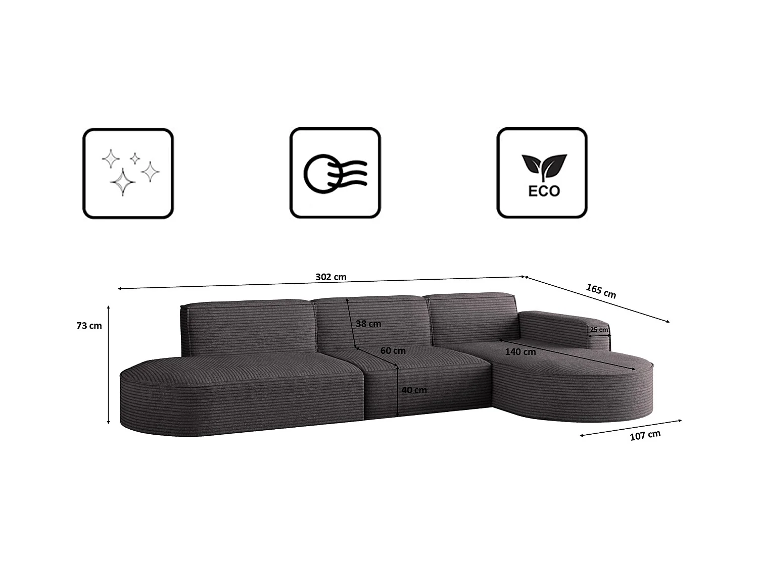 Canapé d'angle Modena en L, tissu Poso, gris foncé, droit