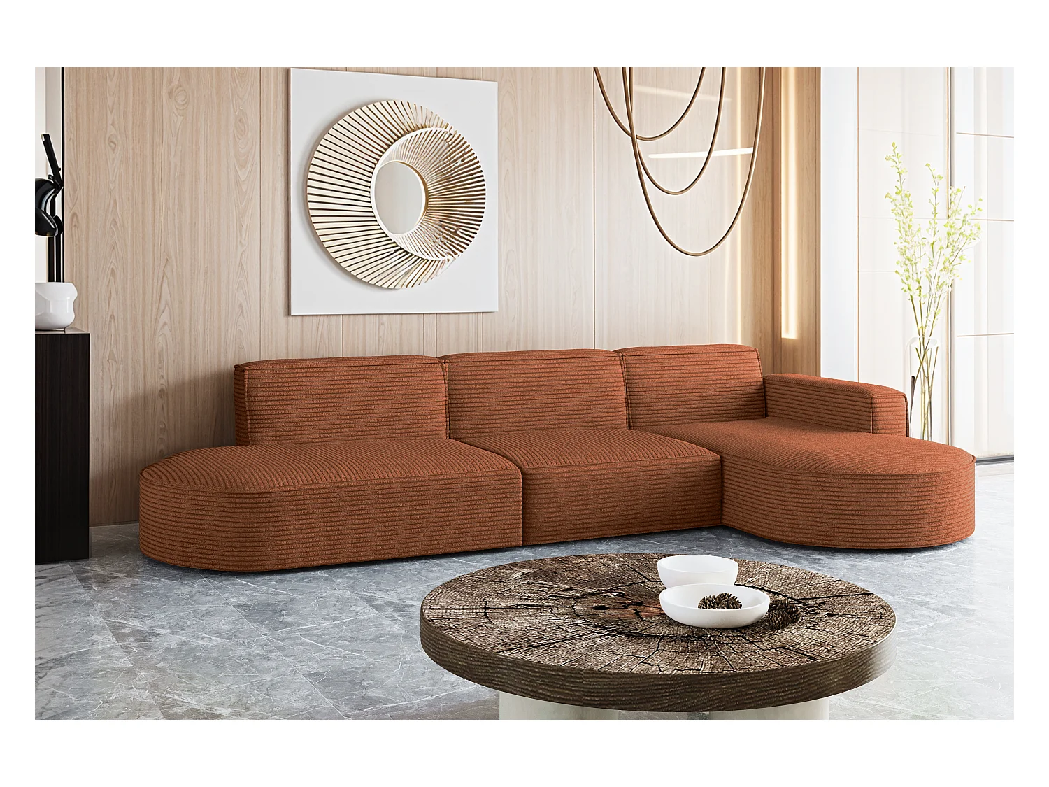 Canapé d'angle Modena en L, tissu Poso, cuivre, droit